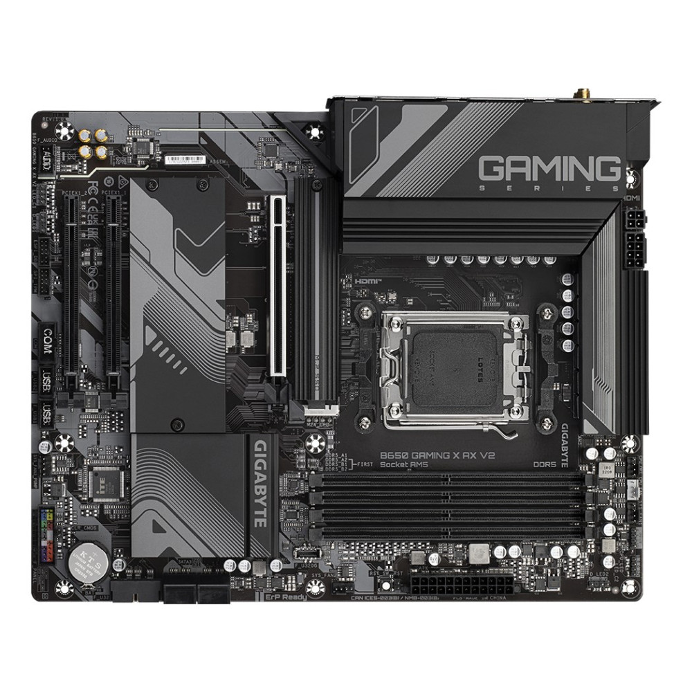 Czarna płyta główna Gigabyte B650 Gaming X AX V2 z radiatorami i gniazdami na białym tle.