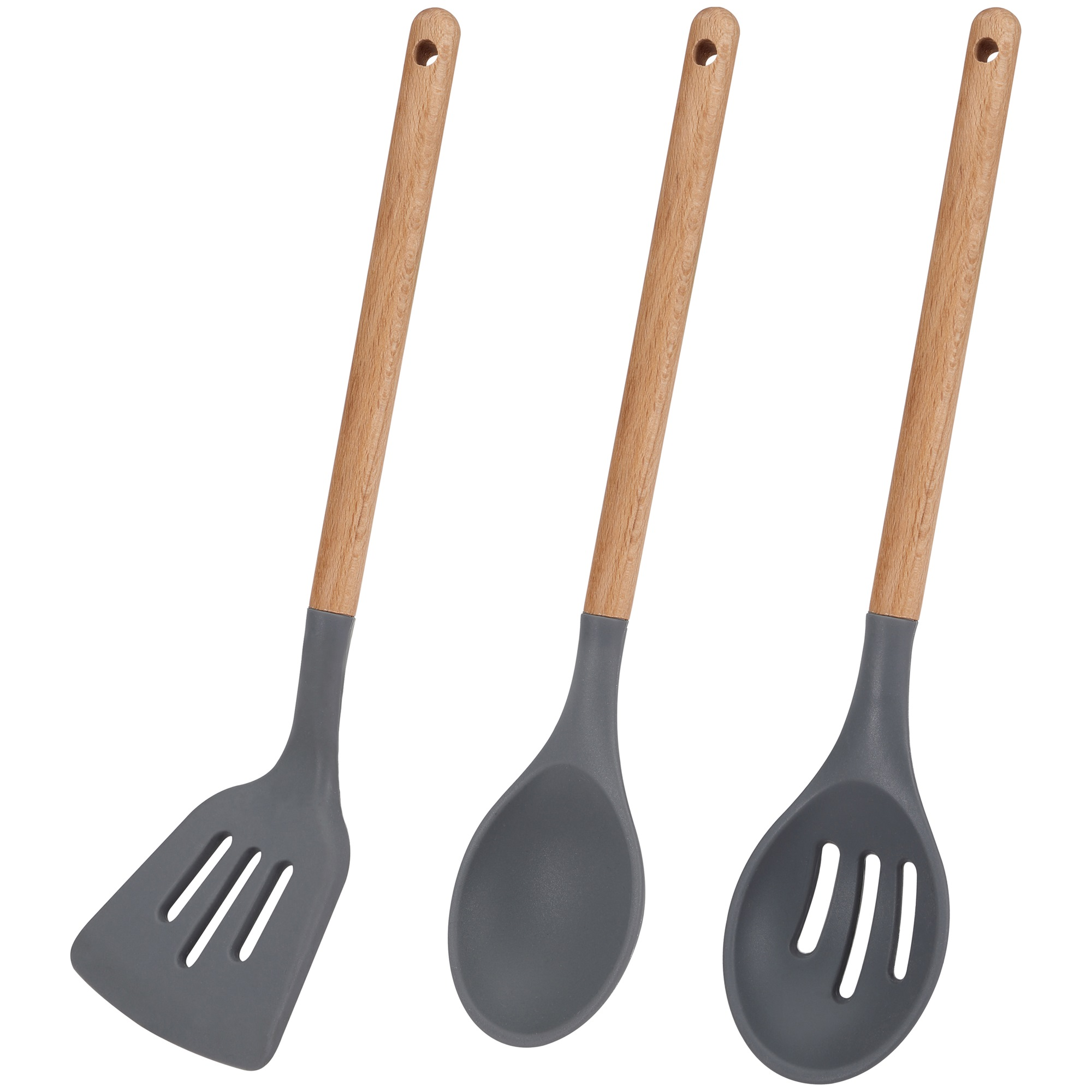 Tres utensilios de cocina de silicona gris con mangos de madera.