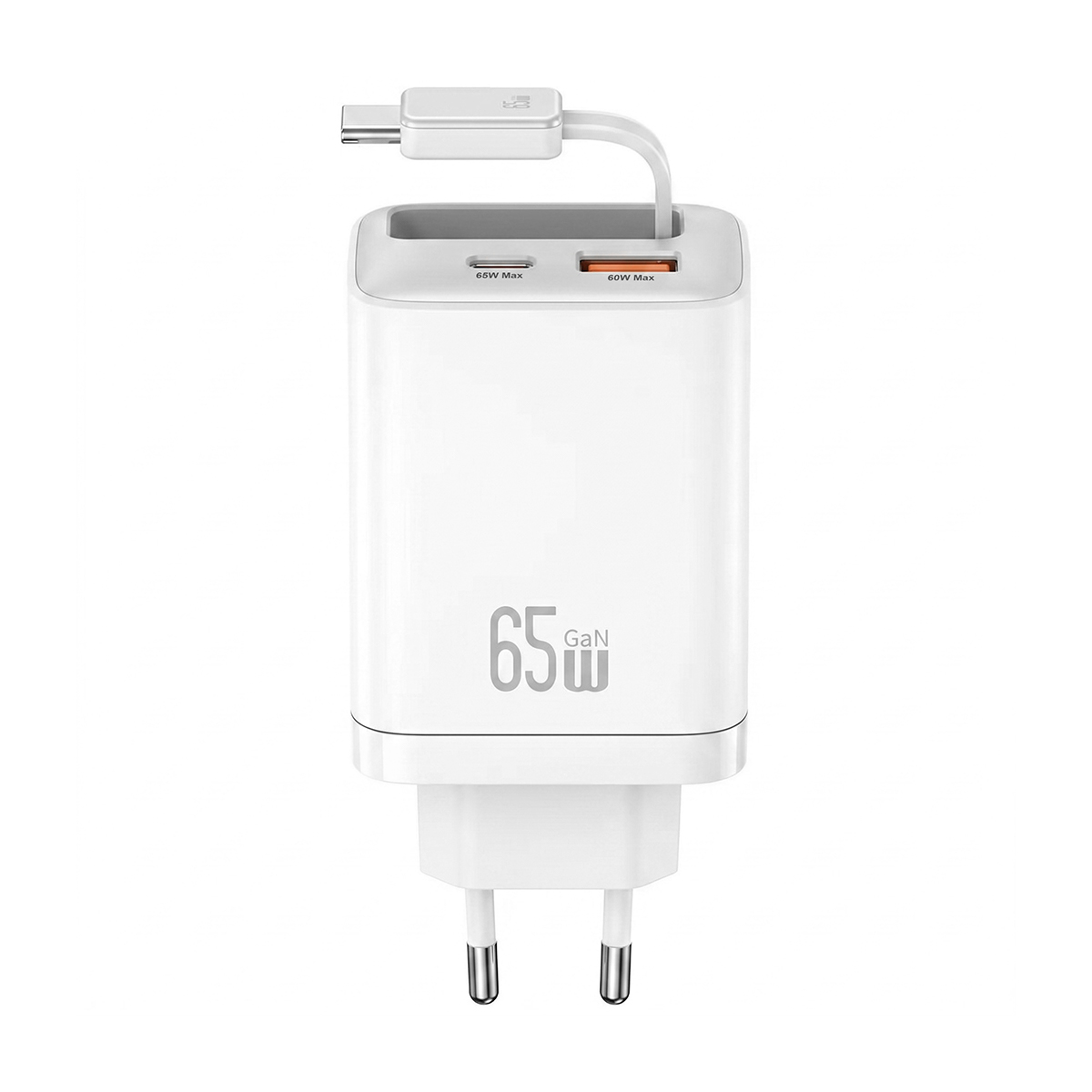 Weißes 65W GaN-Schnellladegerät mit EU-Stecker und integriertem USB-C-Kabel.