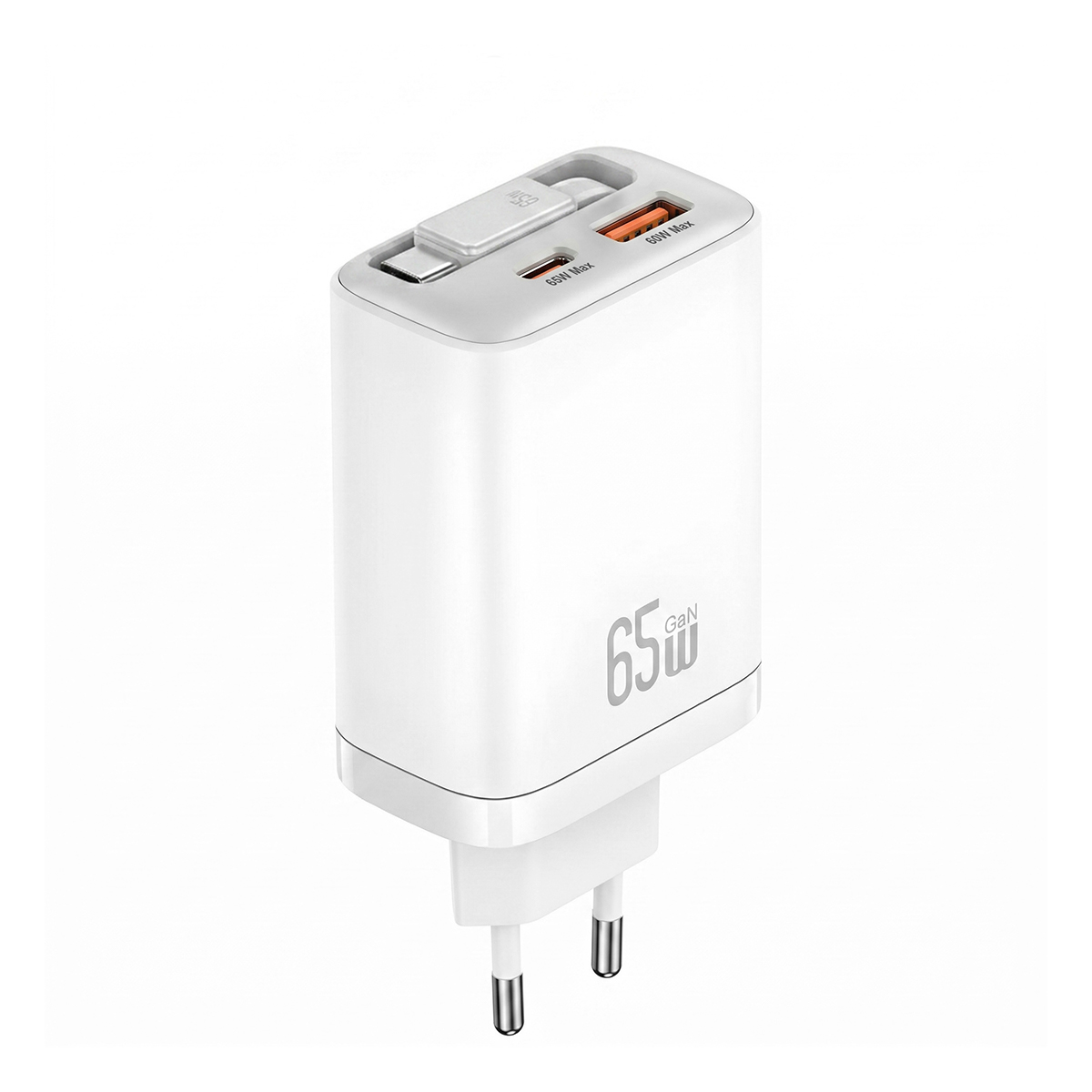 Ein weißes 65W GaN-Wandladegerät mit EU-Stecker und mehreren USB-Anschlüssen.