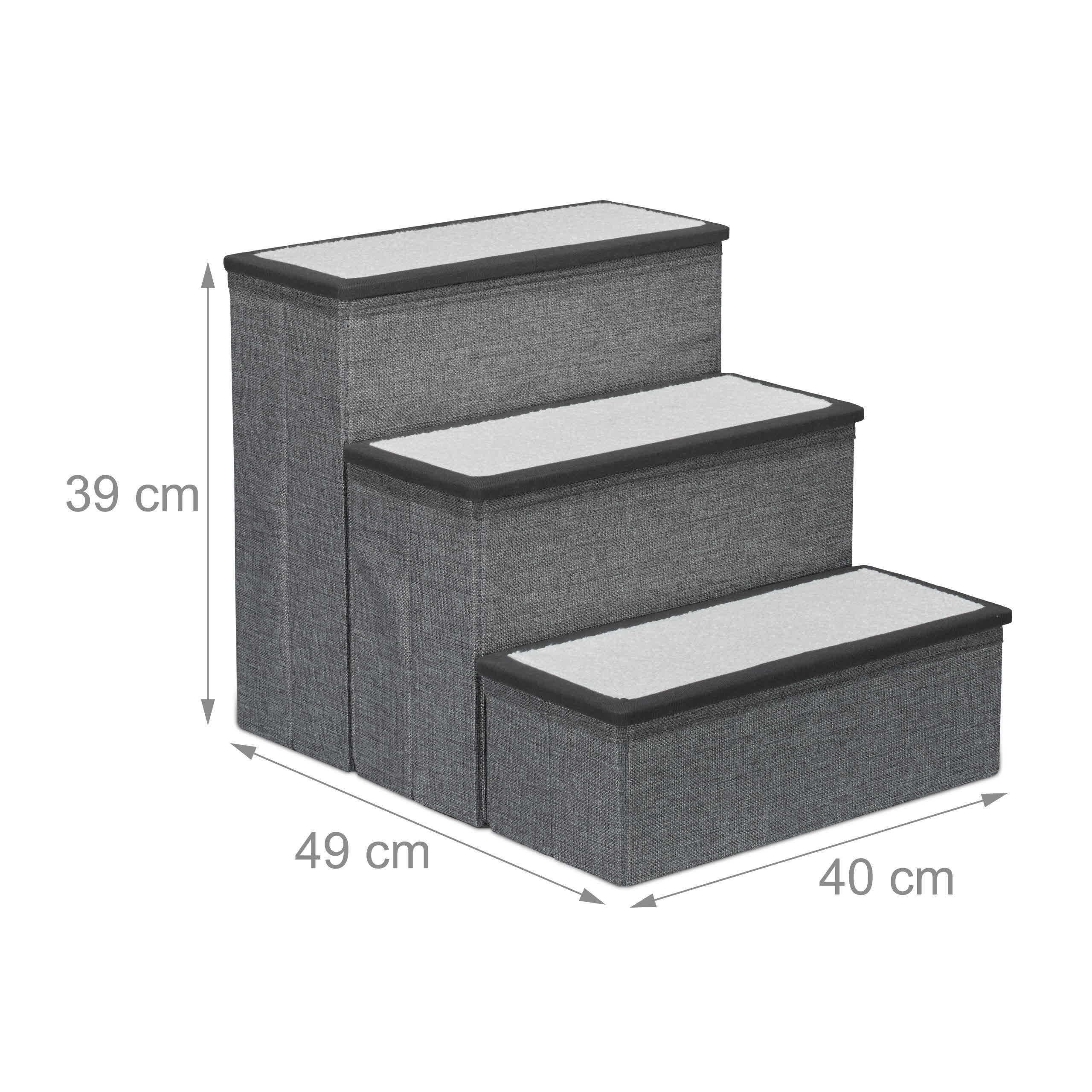 Graue dreistufige Haustiertreppe mit Maßen: 39 cm Höhe, 49 cm Länge, 40 cm Breite.