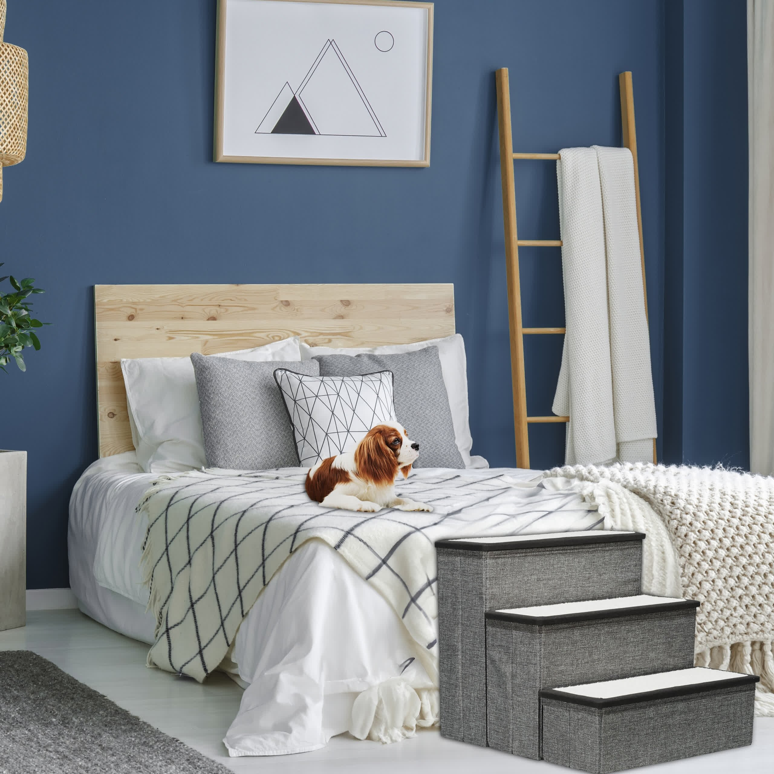 Ein Cavalier King Charles Spaniel liegt auf einem Bett neben grauen Haustiertreppen in einem blauen Schlafzimmer.