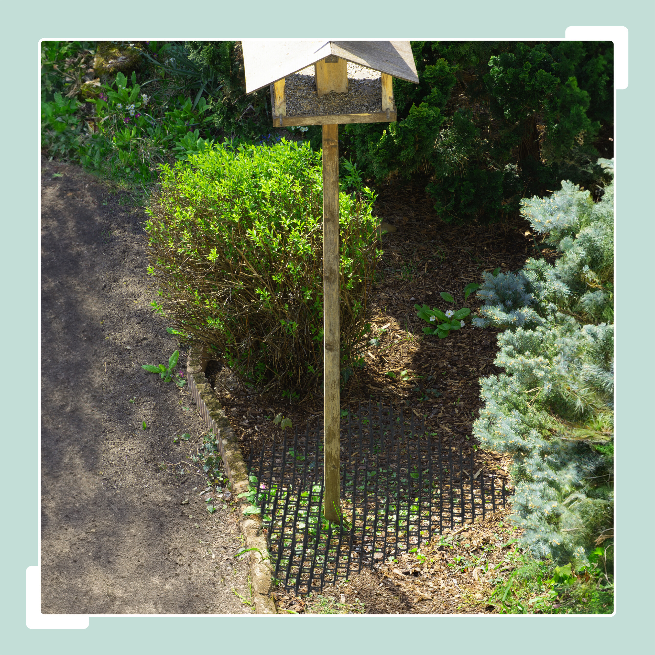 Ein hölzernes Vogelhäuschen auf einem Pfahl steht in einem Garten mit Sträuchern und einem Weg.