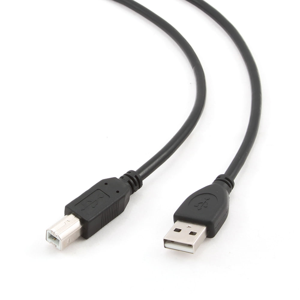Un cable USB negro con conectores Tipo B y Tipo A sobre fondo blanco.