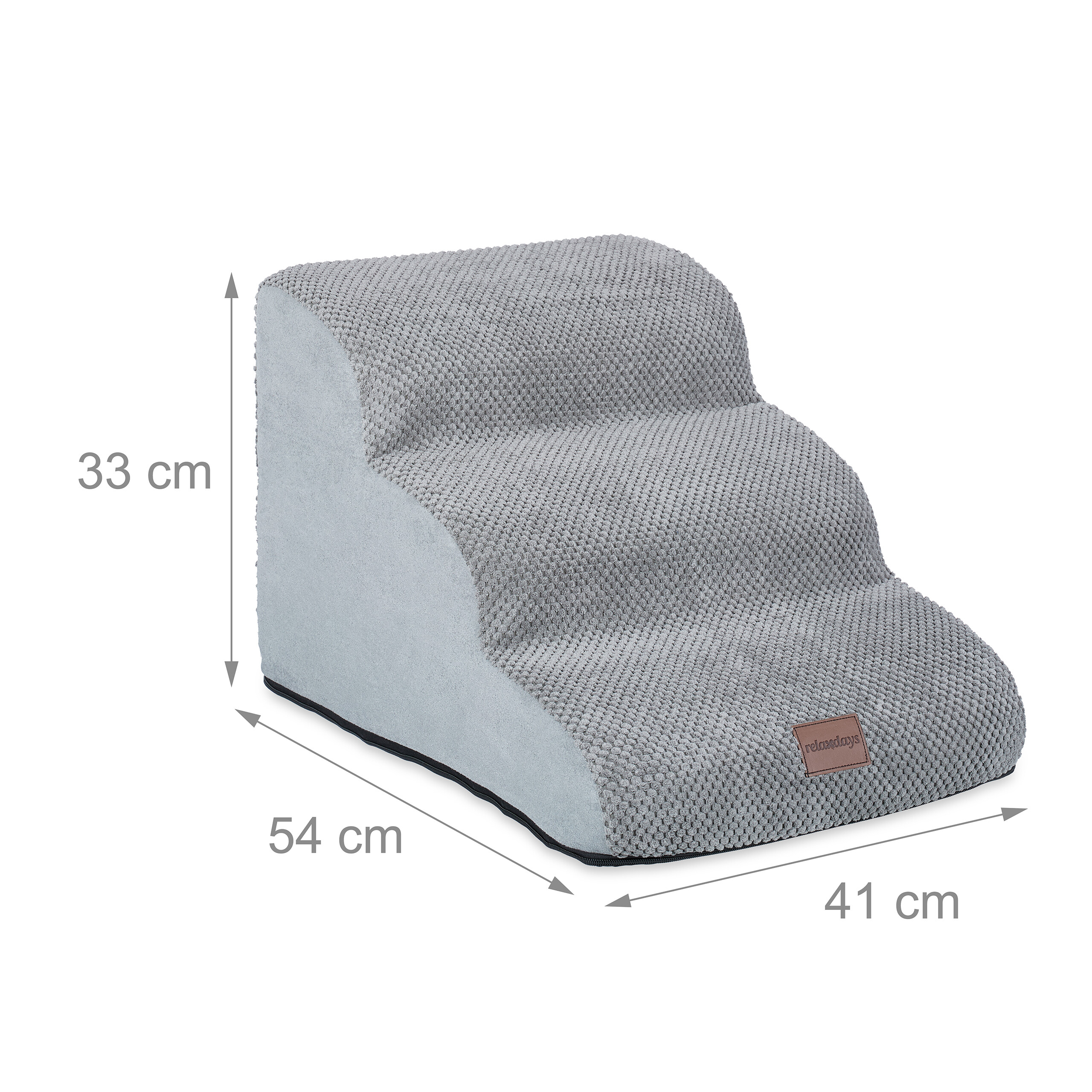 Graue Haustiertreppe mit drei Stufen, 33 cm Höhe, 54 cm Tiefe und 41 cm Breite auf weißem Hintergrund.