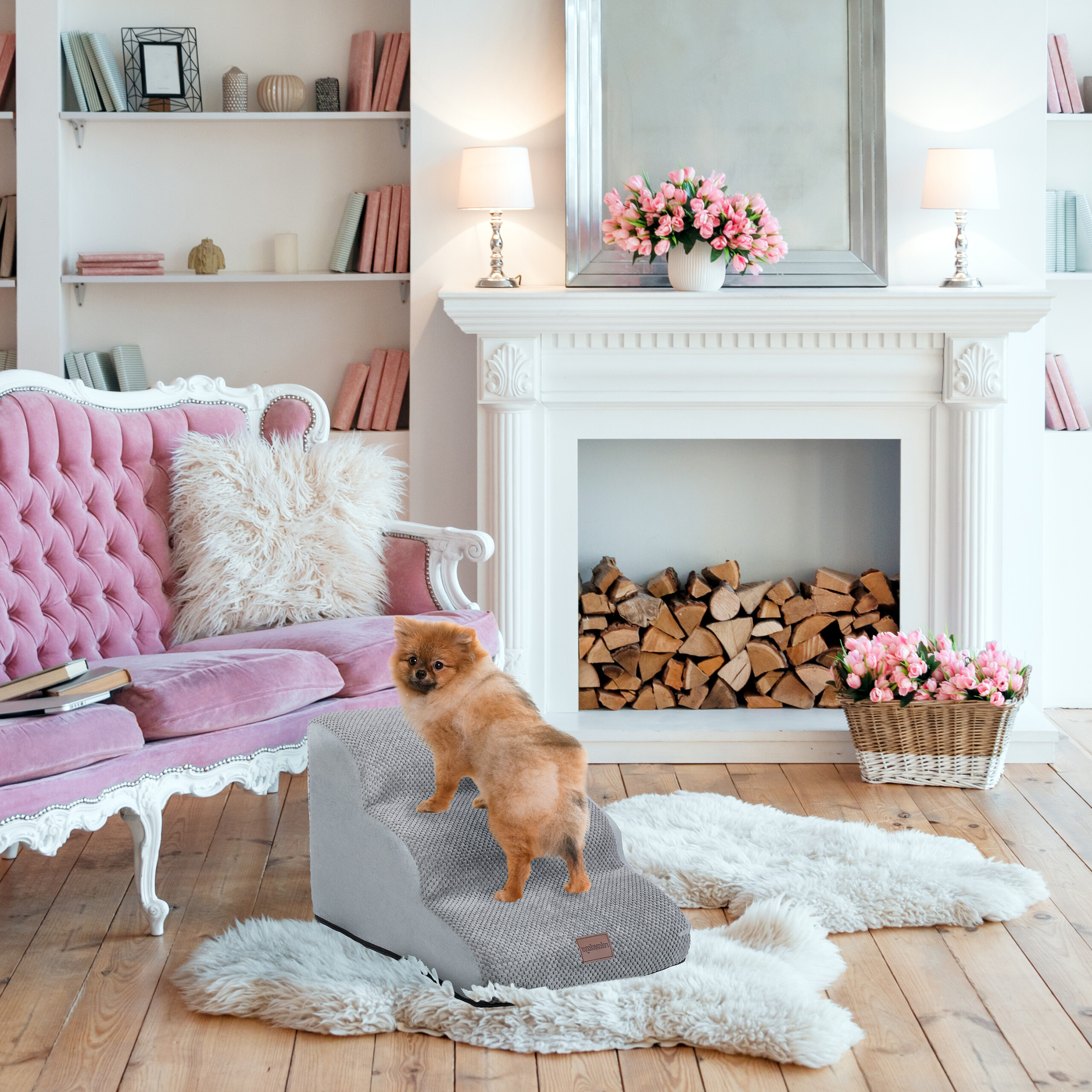 Ein kleiner, flauschiger Hund steigt in einem hellen Wohnzimmer mit pinkem Sofa und Kamin auf eine graue Haustiertreppe.