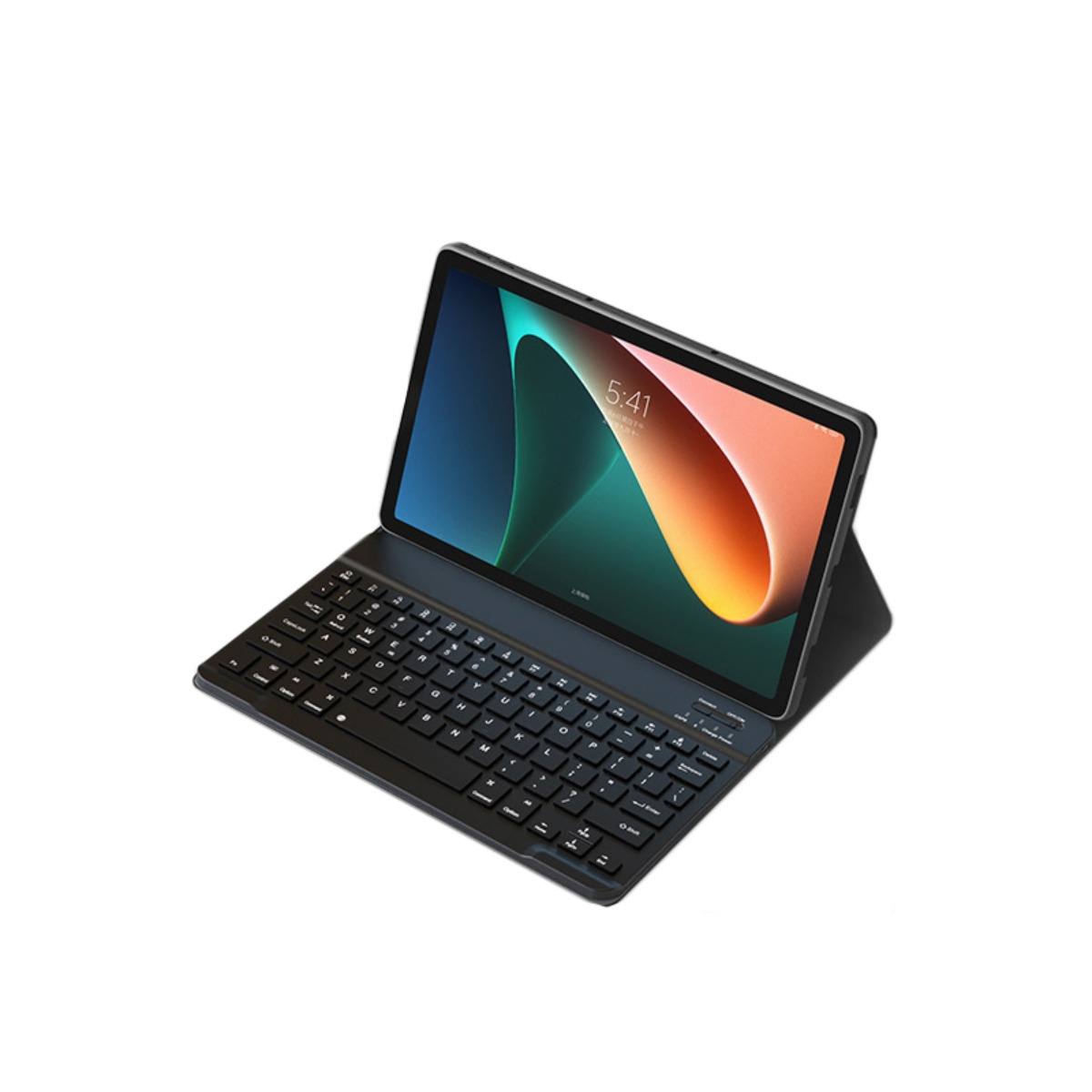 Ein Tablet in einer Schutzhülle mit integrierter schwarzer Tastatur und farbigem Hintergrundbild.