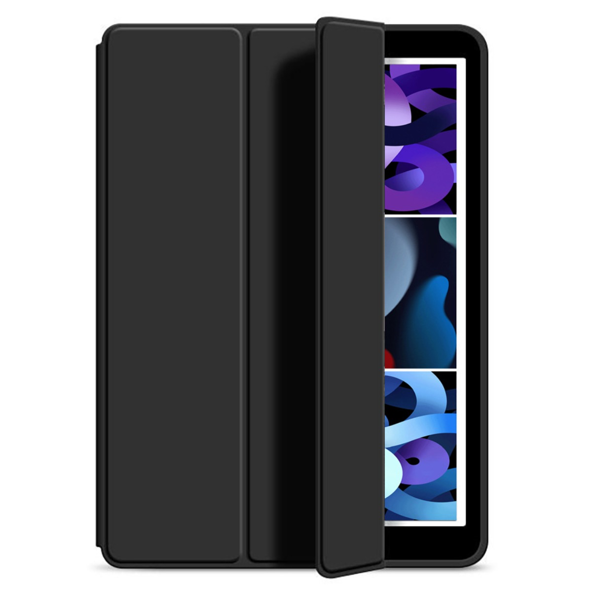 Schwarze Klapphülle für Tablet mit blau-violettem Display.