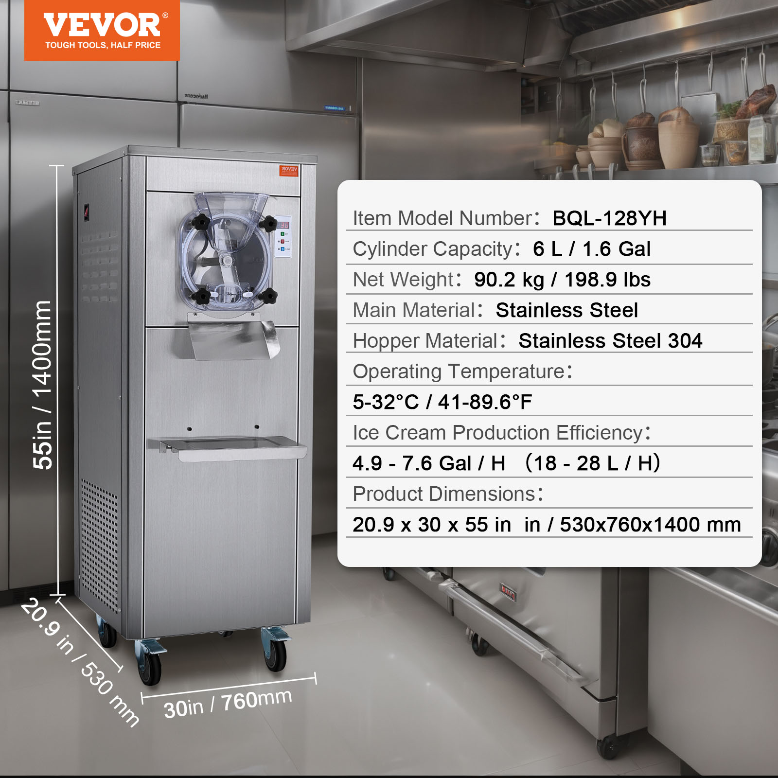 Una máquina de helados VEVOR de acero inoxidable se encuentra en una cocina comercial con texto de especificaciones.