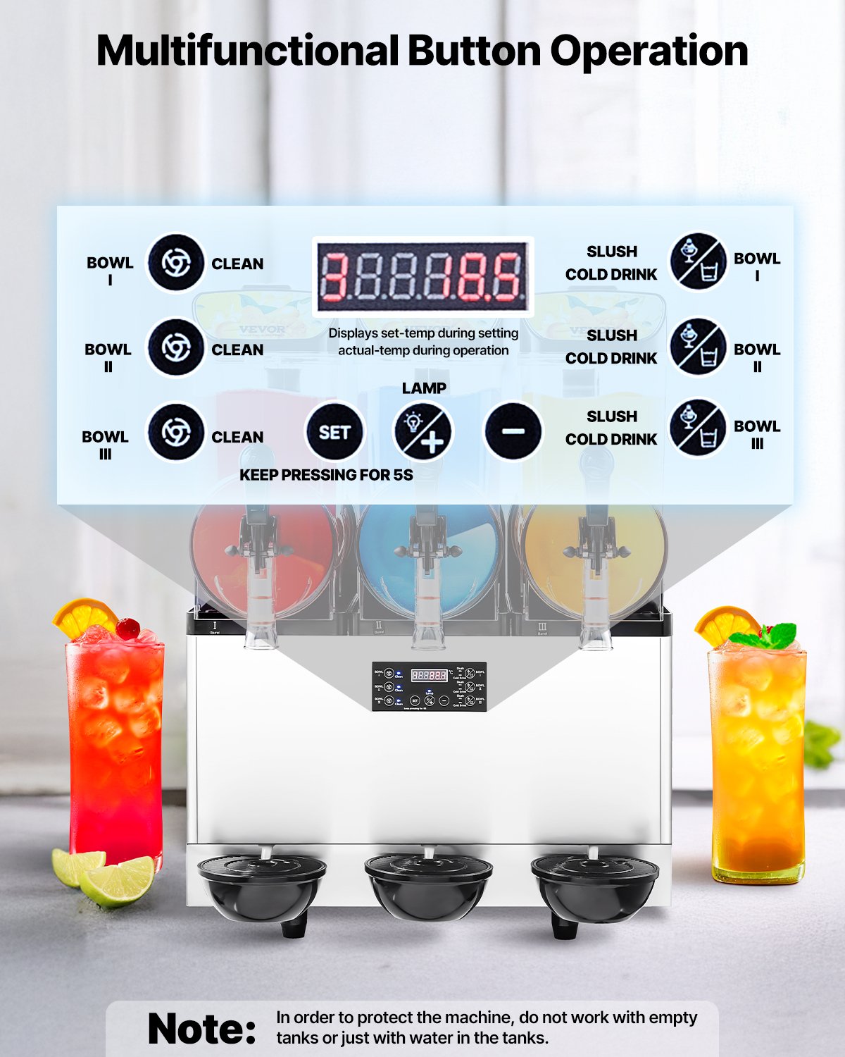 Una máquina de granizado comercial con tres tazones, un panel de control digital y dos vasos de jugo.