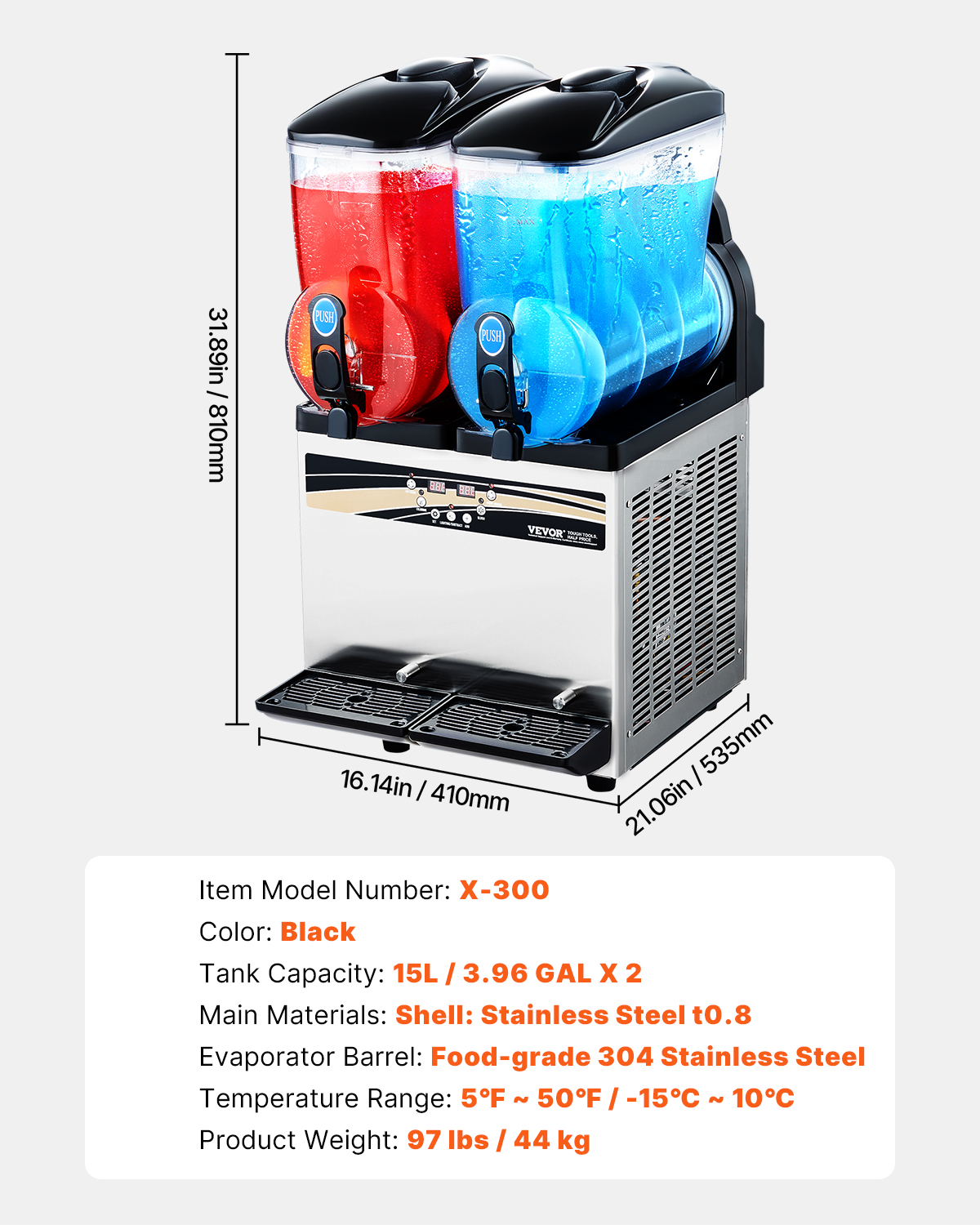 Una máquina de granizado de doble tazón con bebidas rojas y azules, cuerpo de acero inoxidable y etiquetas.