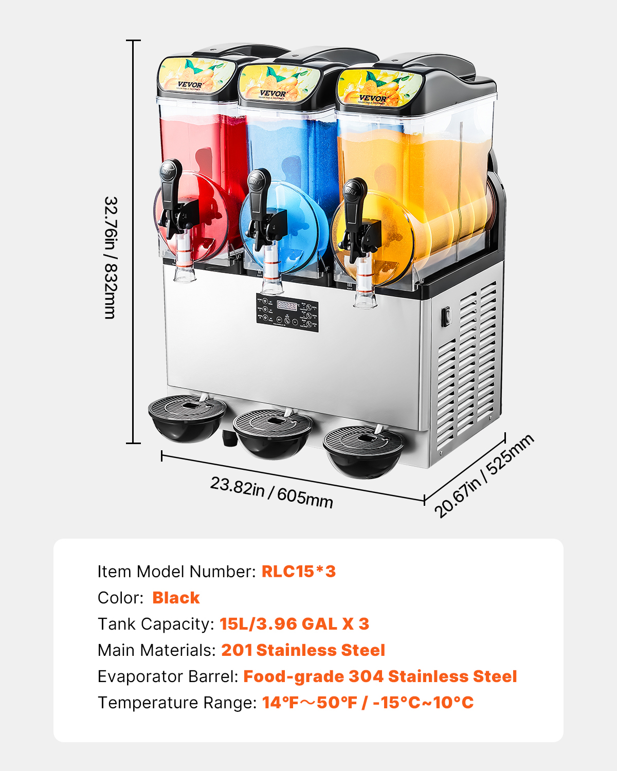 Máquina de granizados de tres tanques con bebidas roja, azul y naranja sobre fondo gris.
