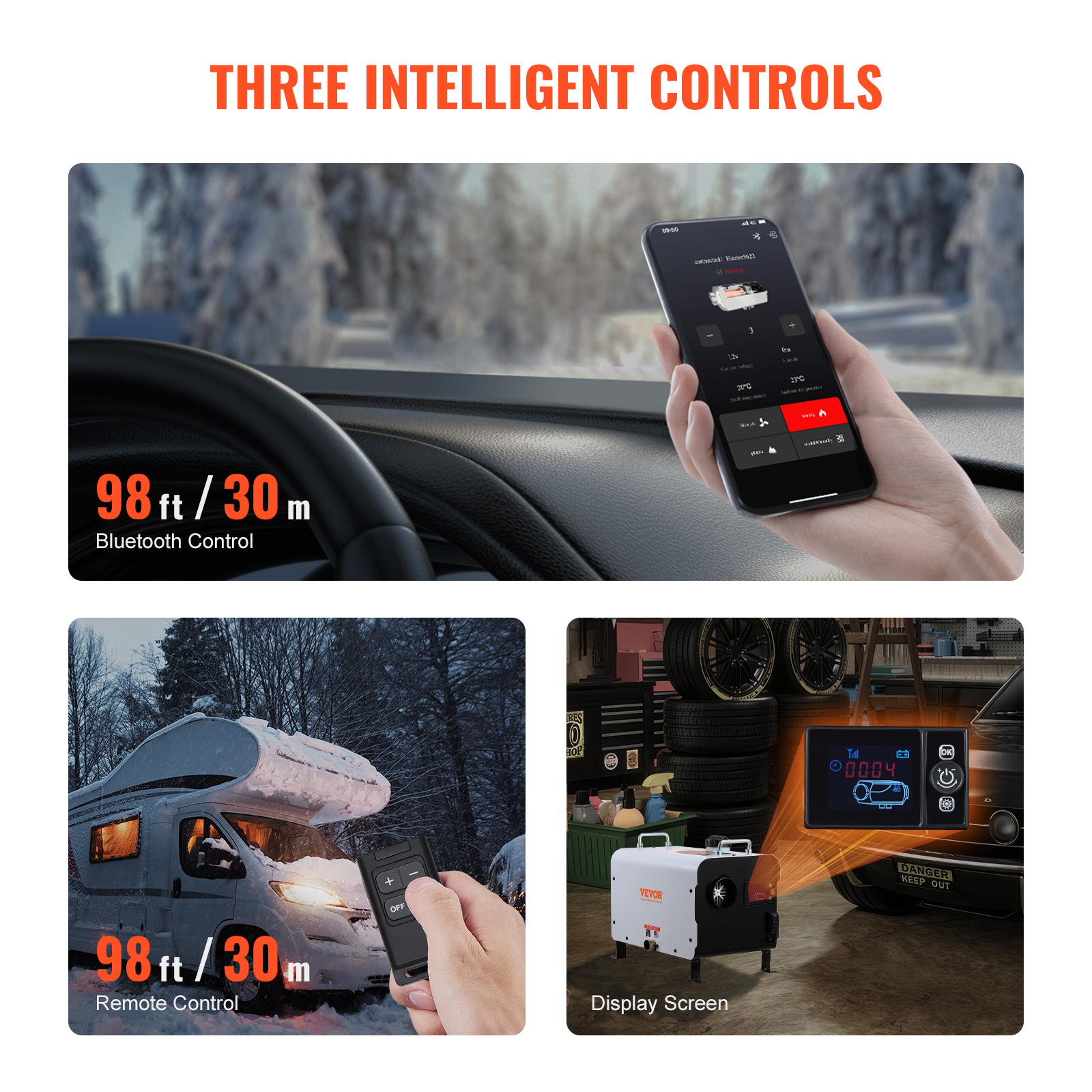 Tres controles inteligentes: aplicación Bluetooth, control remoto y pantalla para un calentador.