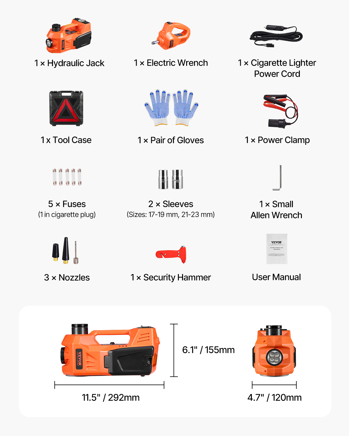 Diseño del kit que muestra gato hidráulico, llave eléctrica, caja de herramientas, guantes y accesorios.