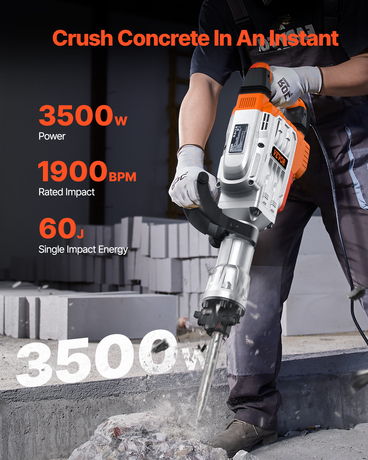 Un trabajador usando un martillo demoledor naranja y blanco para romper concreto, con especificaciones.