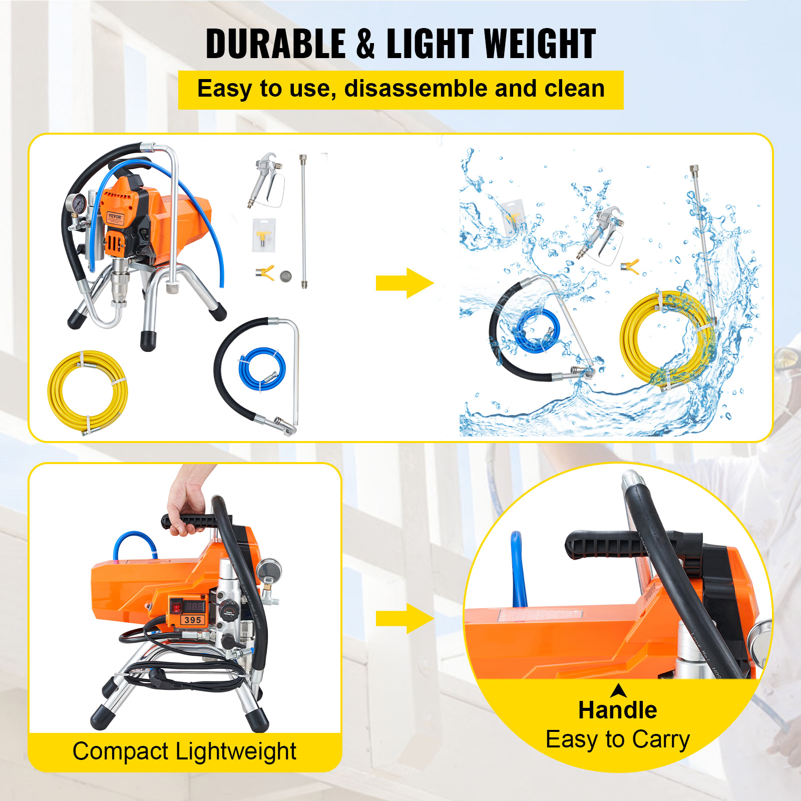 Un pulverizador de pintura naranja y piezas, mostrado limpiándose en agua y destacado como ligero con asa fácil de transportar.