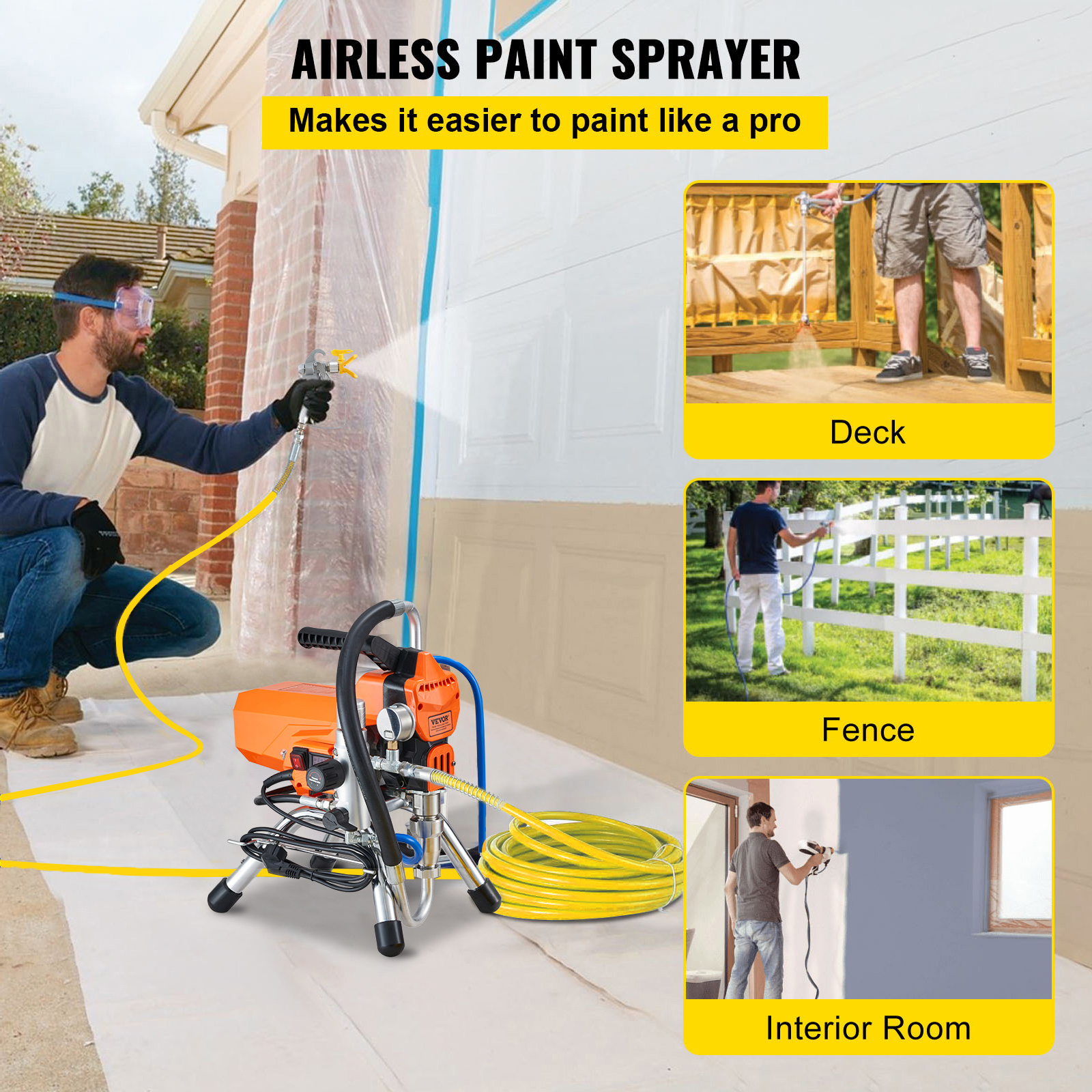 Un hombre usa un pulverizador de pintura sin aire naranja para paredes, vallas y cubiertas.
