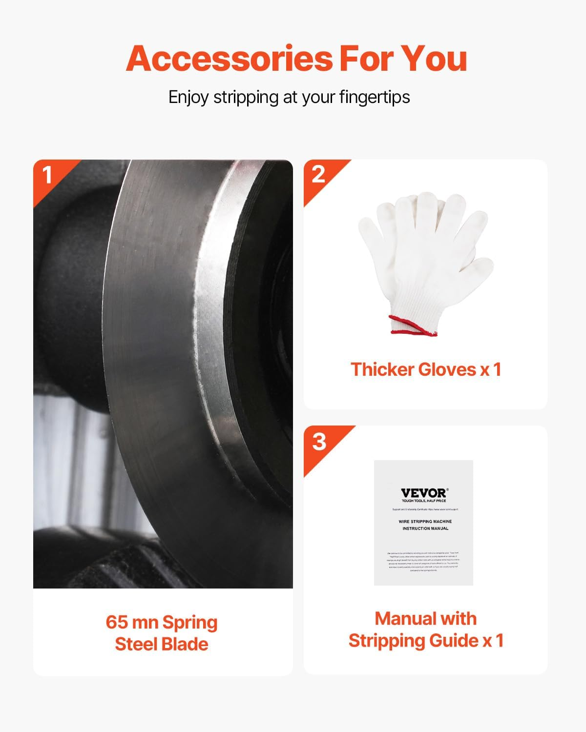 Los accesorios incluyen una cuchilla de acero de resorte de 65mn, guantes más gruesos y un manual con guía.