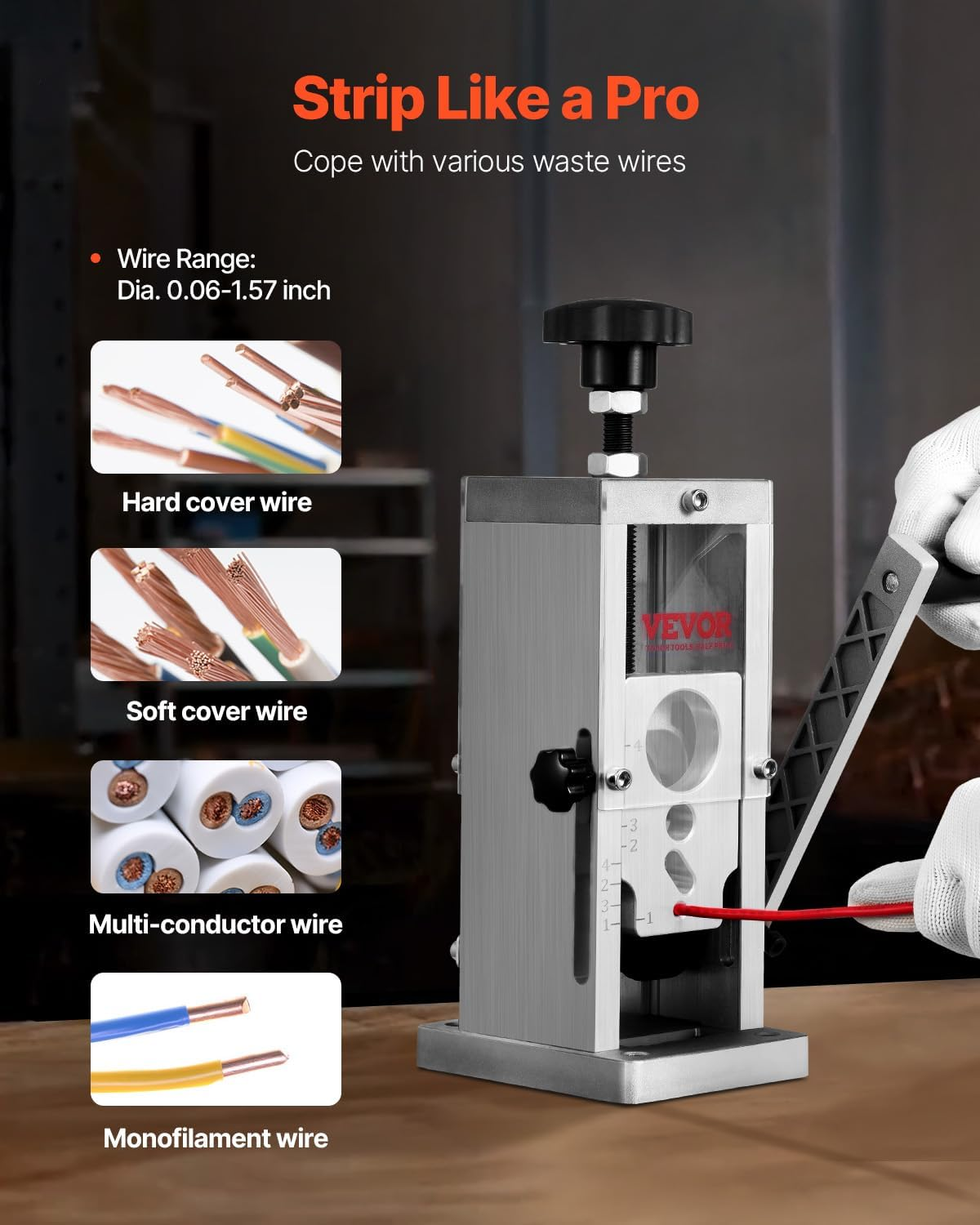 Una máquina pelacables manual en una mesa de madera con ejemplos de varios tipos de cables.