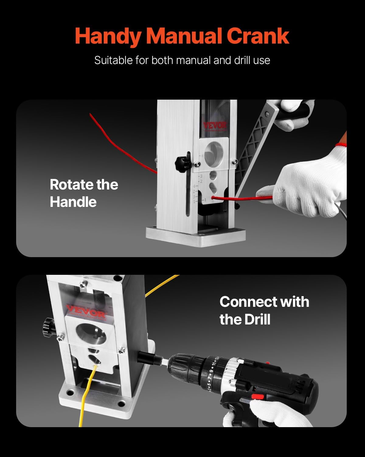 Herramienta pelacables con manivela manual y conectada a un taladro.