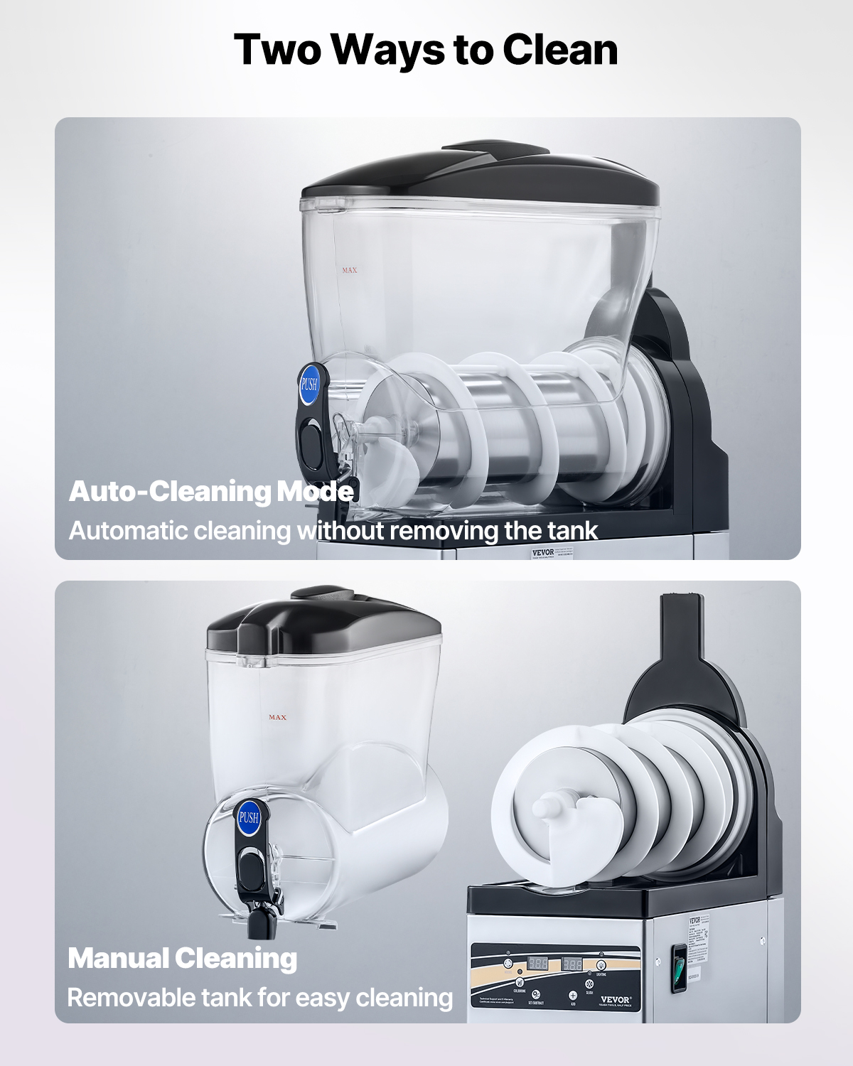 Dos formas de limpiar una máquina de granizado: modo automático y limpieza manual con tanque extraíble.
