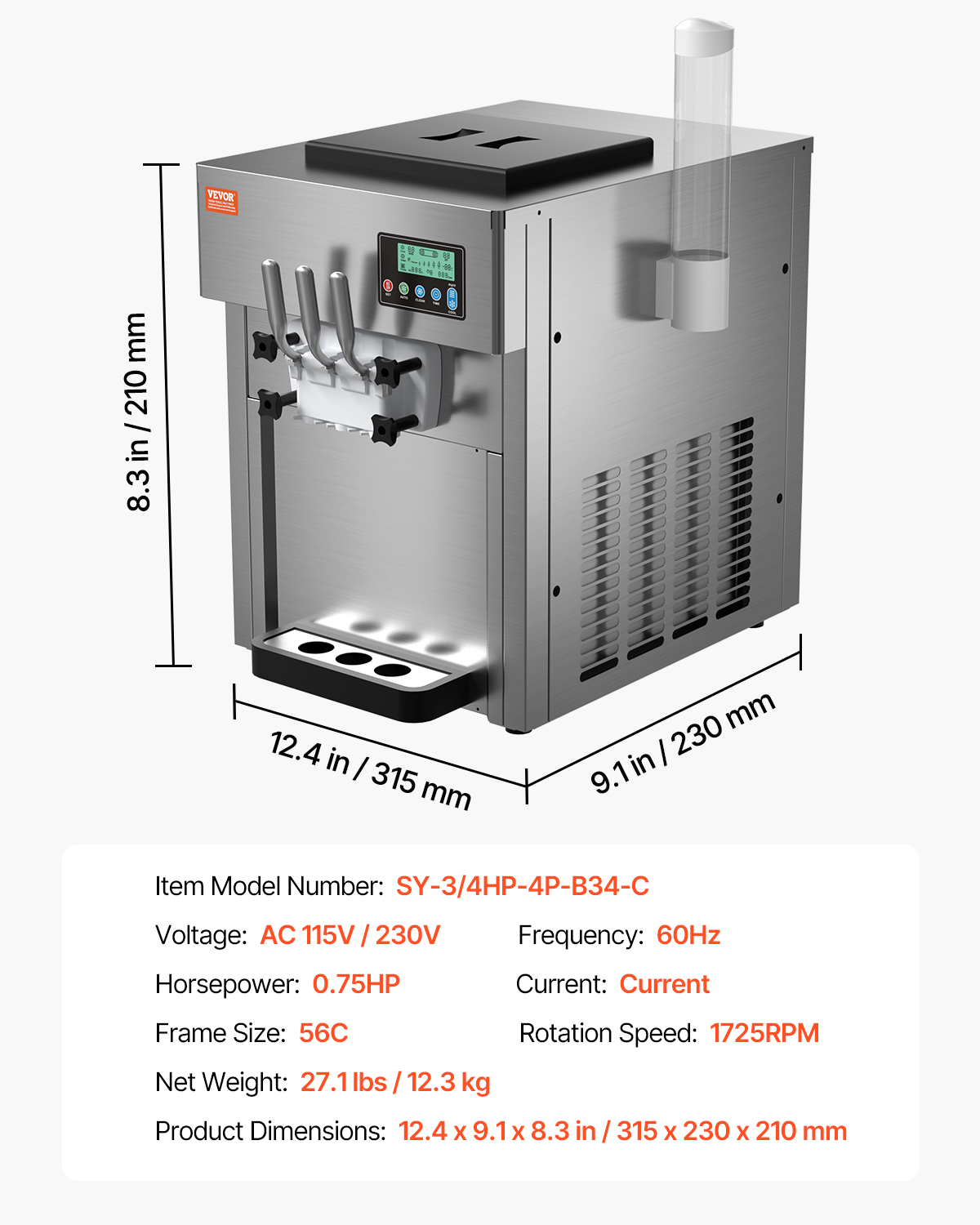Máquina de helados comercial de acero inoxidable con tres manijas dispensadoras, panel digital y especificaciones.