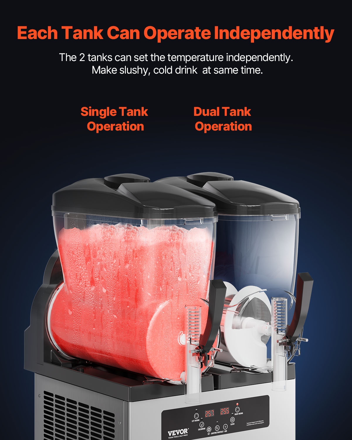 Una máquina de granizados de dos tanques con control independiente.