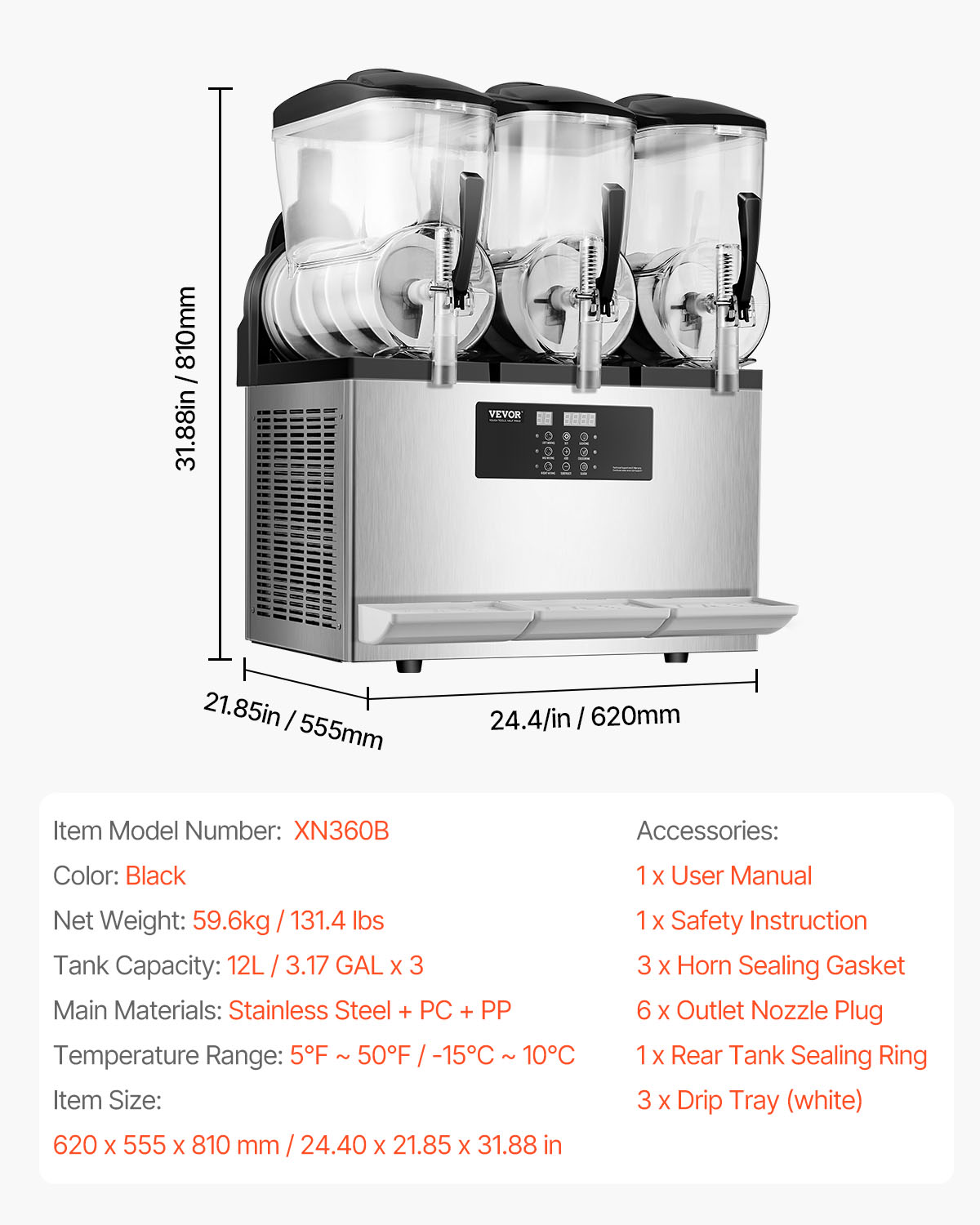 Máquina de granizados de acero inoxidable de tres cubetas con medidas abajo.