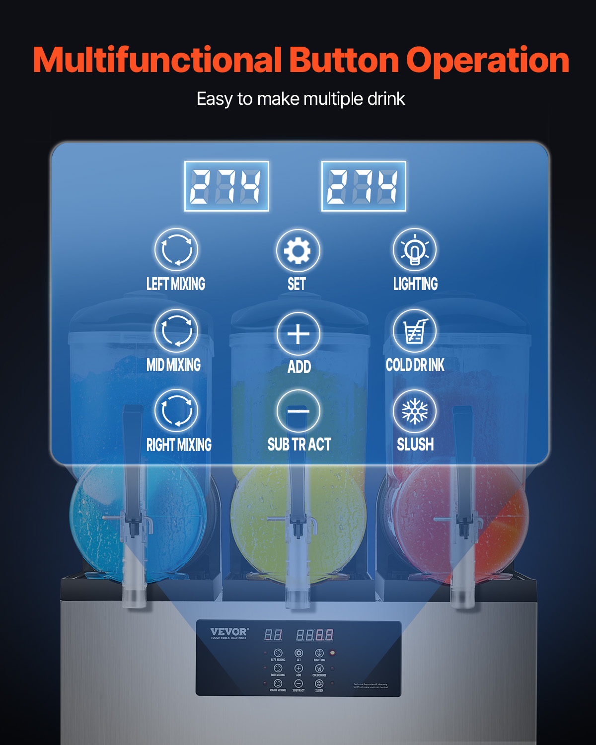Panel de control de máquina de granizados con iconos para mezclar, luz y frío.