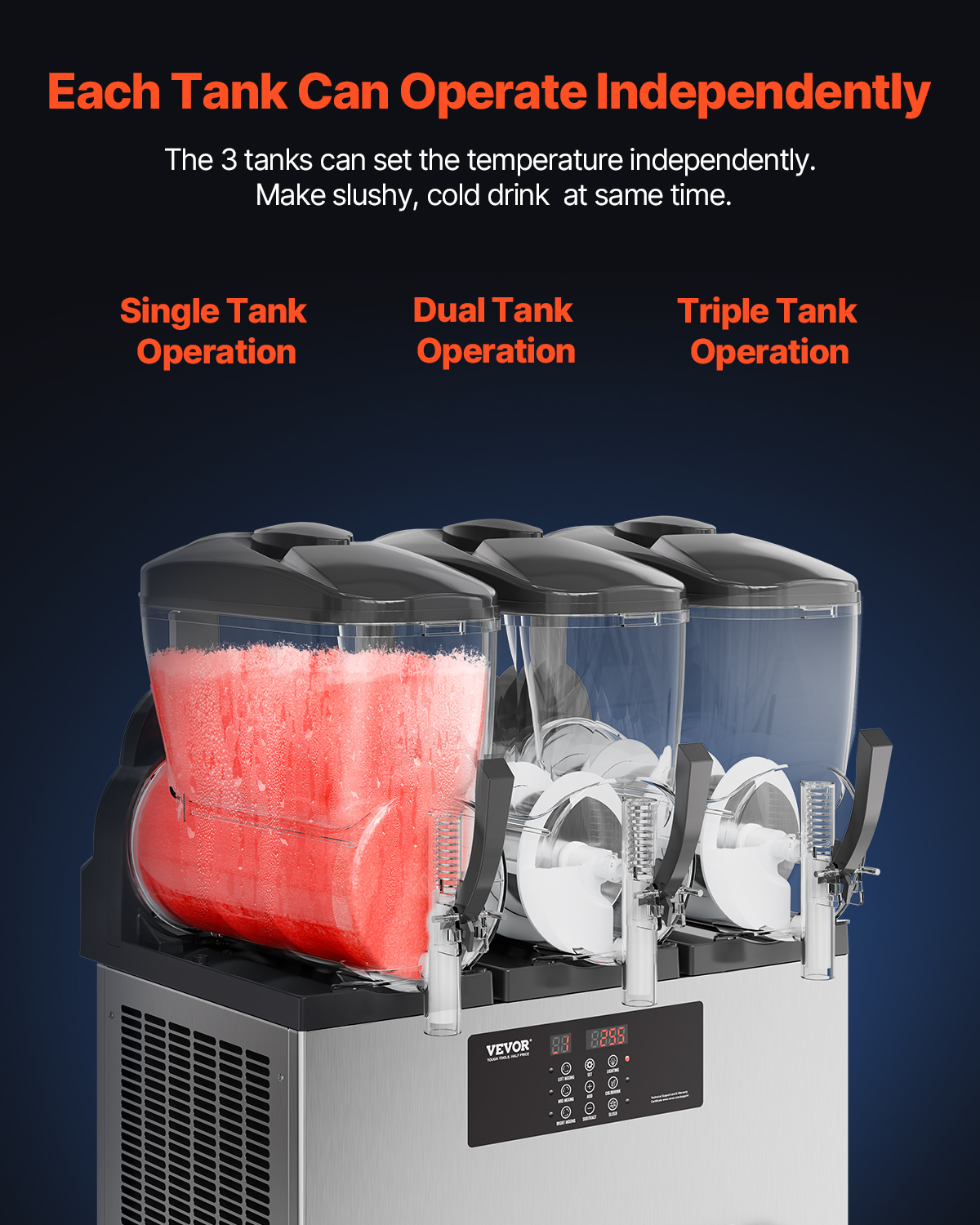 Una máquina de granizados de tres tanques con contenedores independientes y paneles digitales.