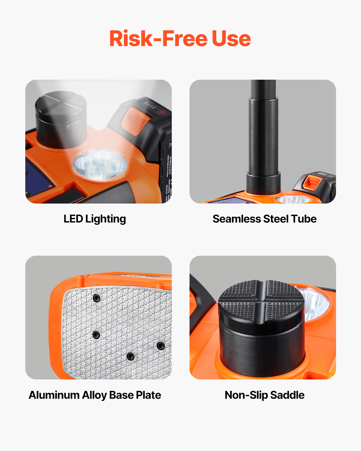 Cuatro imágenes muestran detalles del producto: iluminación LED, tubo de acero, base de aluminio y sillín antideslizante.