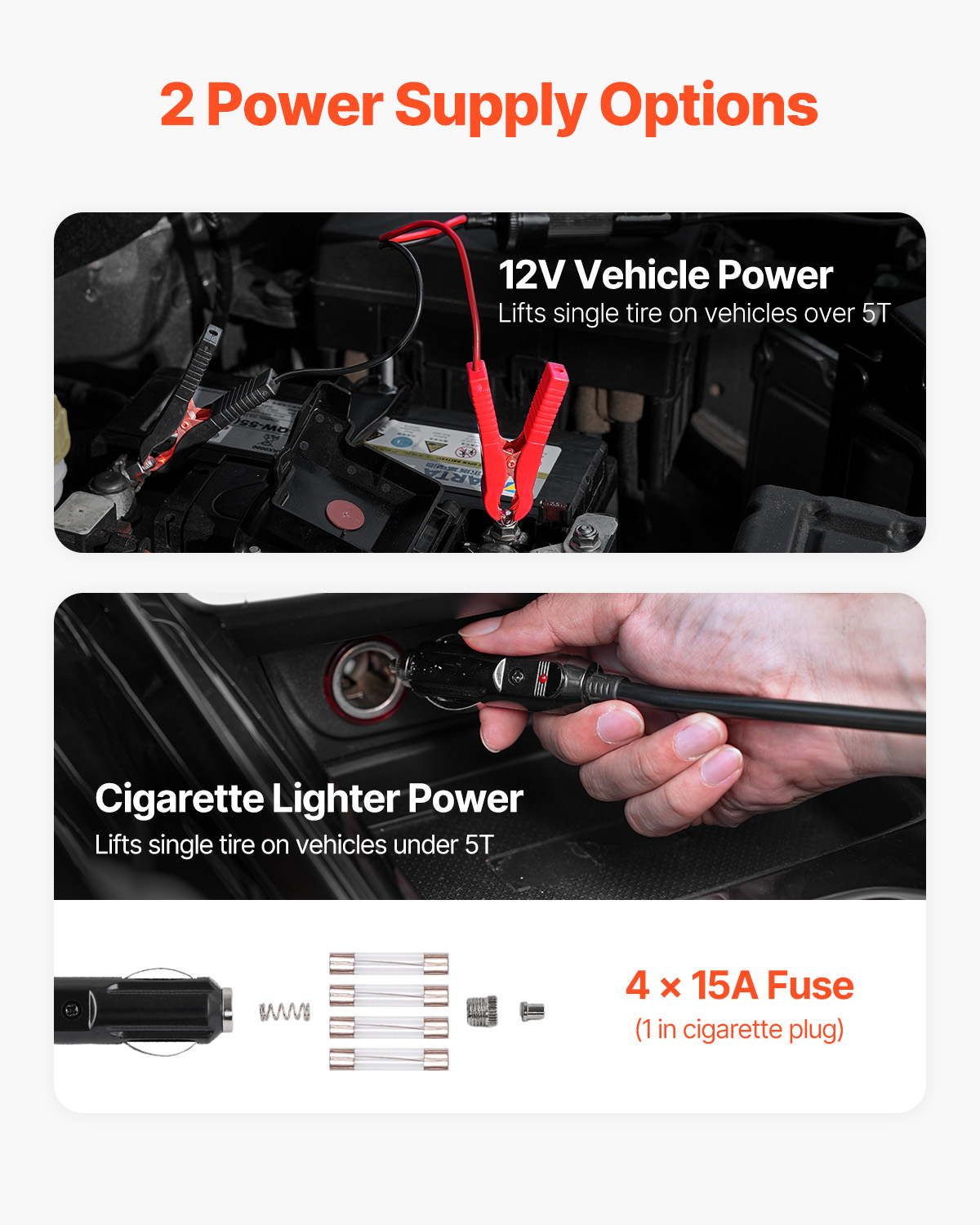 Dos opciones de energía: batería de coche de 12V con pinzas y enchufe de mechero de 12V con cuatro fusibles de 15A.