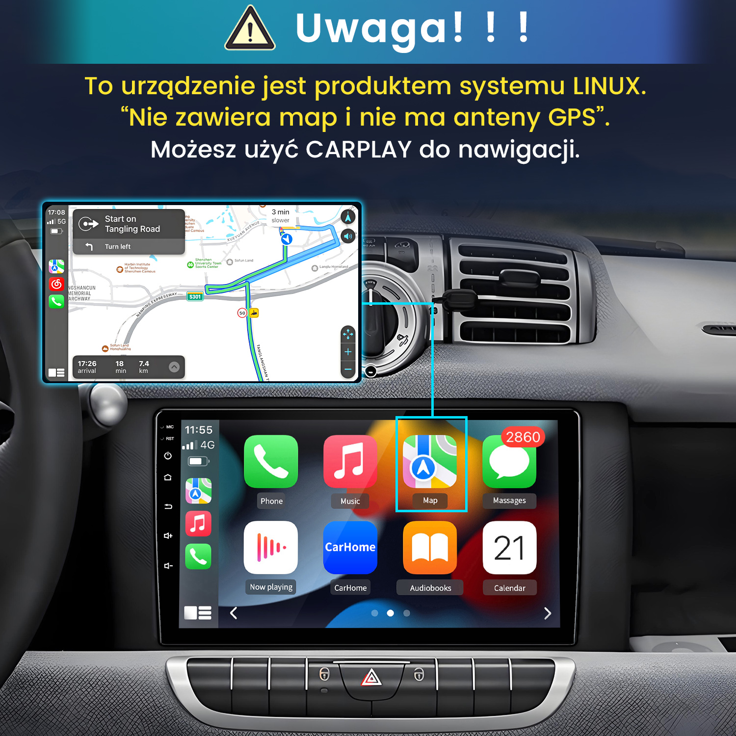 Radio samochodowe Linux z CarPlay, nawigacją i ikonami aplikacji.
