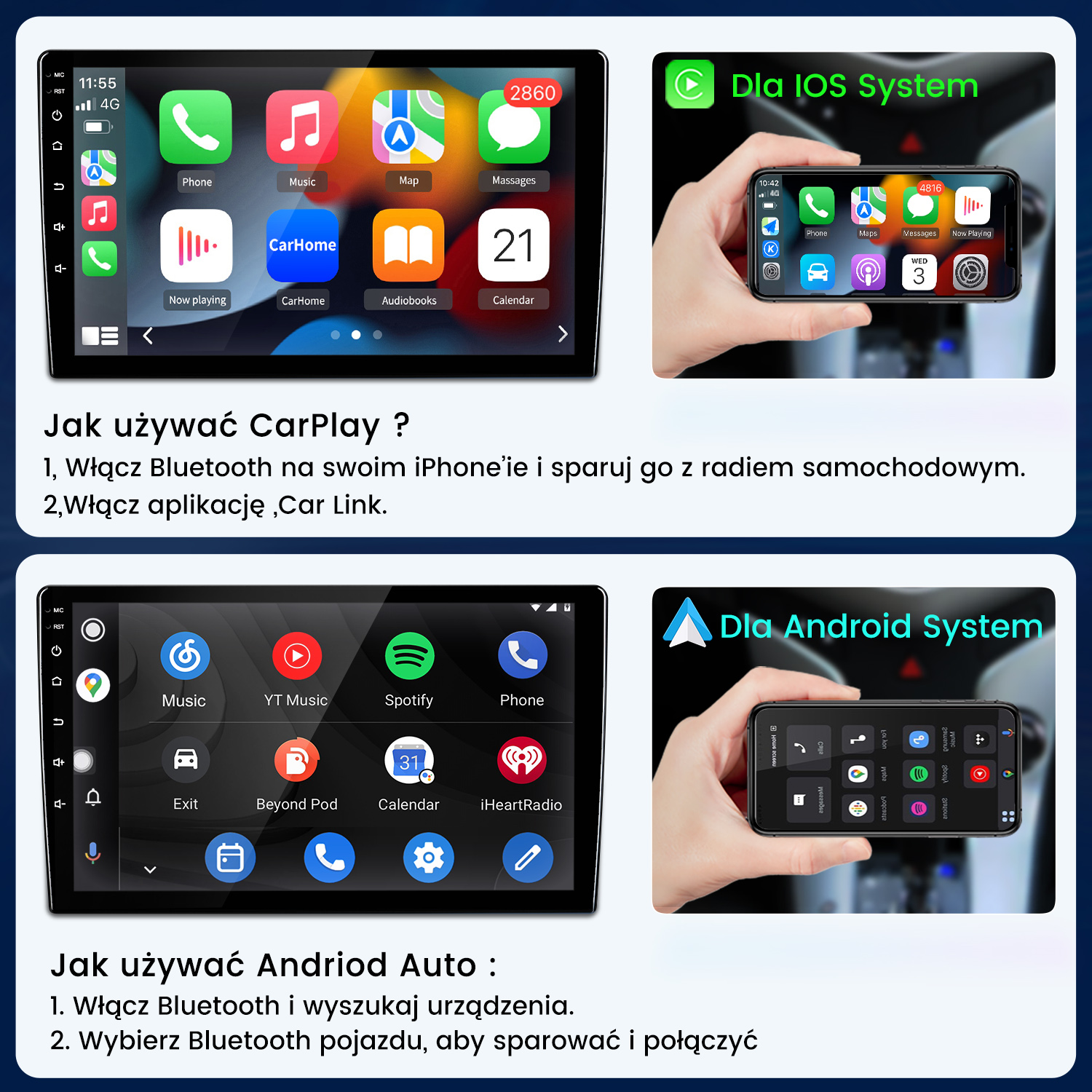Instrukcje i ekrany pokazujące jak połączyć CarPlay i Android Auto z radiem.