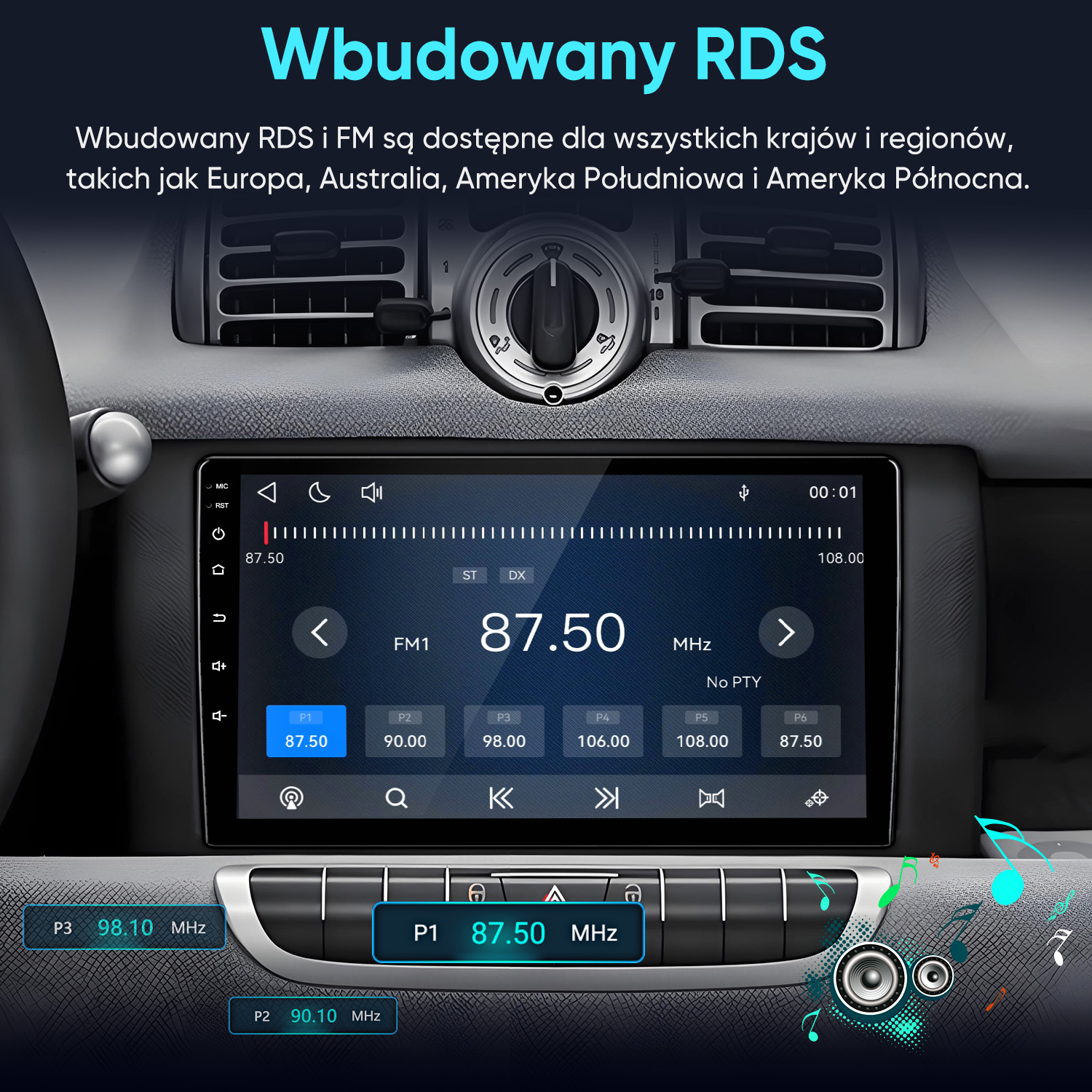 Radio samochodowe z ekranem dotykowym i tunerem FM w desce rozdzielczej.