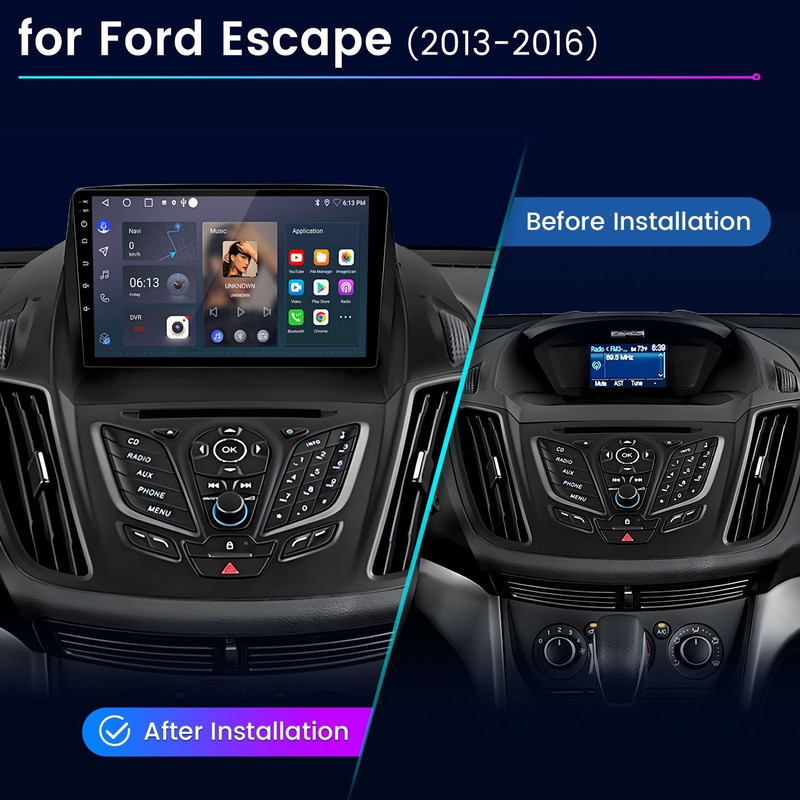 Vergleich eines Ford Escape Armaturenbretts vor und nach der Installation eines großen Touchscreen-Autoradios.