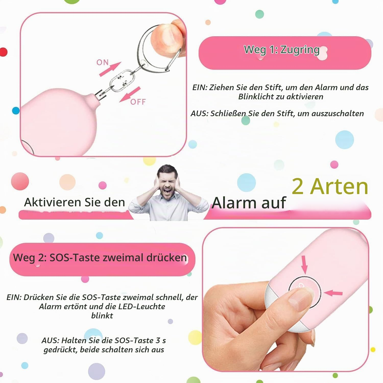 Anleitung zur Aktivierung eines pinken Personenalarms mit Ziehring oder SOS-Taste.