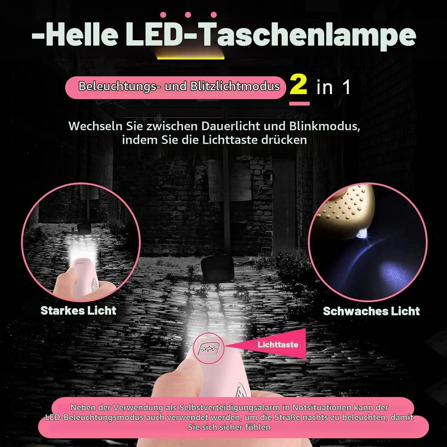 Produktbanner zeigt eine helle LED-Taschenlampe mit zwei Modi, hell und schwach, für die Straßennutzung nachts.