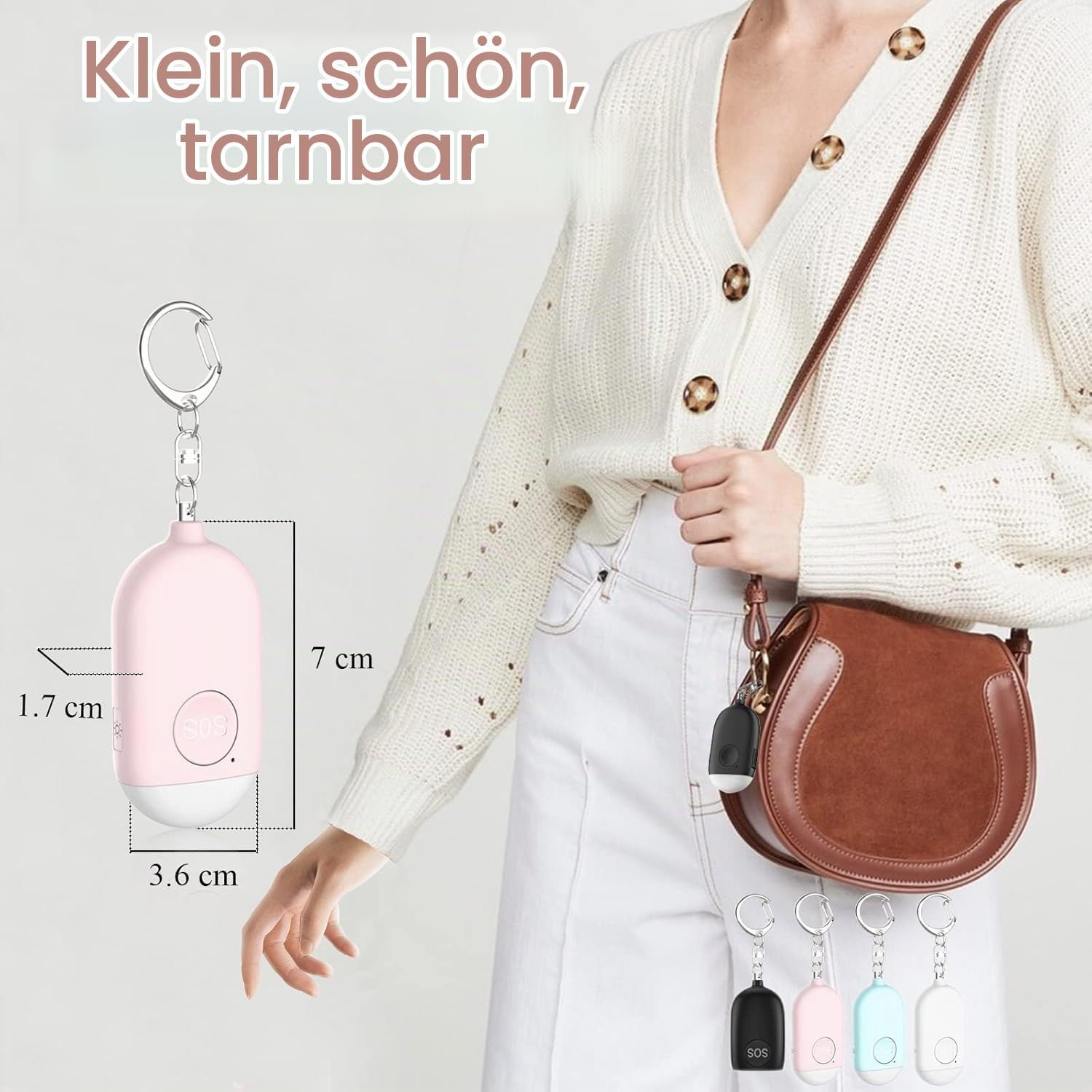 Rosa SOS-Notfallalarm-Schluesselanhaenger mit Massangaben, daneben eine Frau mit Handtasche.