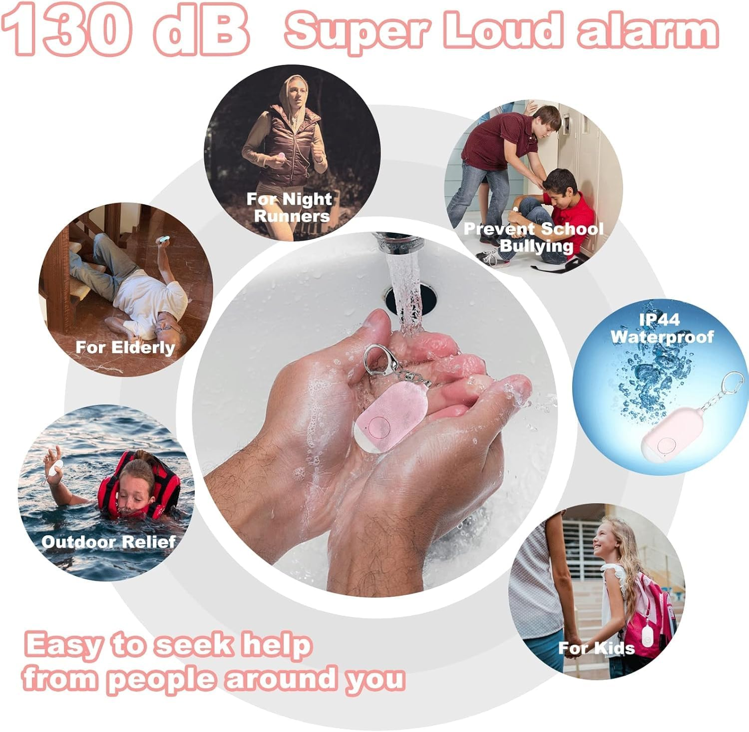 Produktwerbung für einen tragbaren, lauten Alarm für Senioren, Läufer und Kinder mit Anwendungsbeispielen.