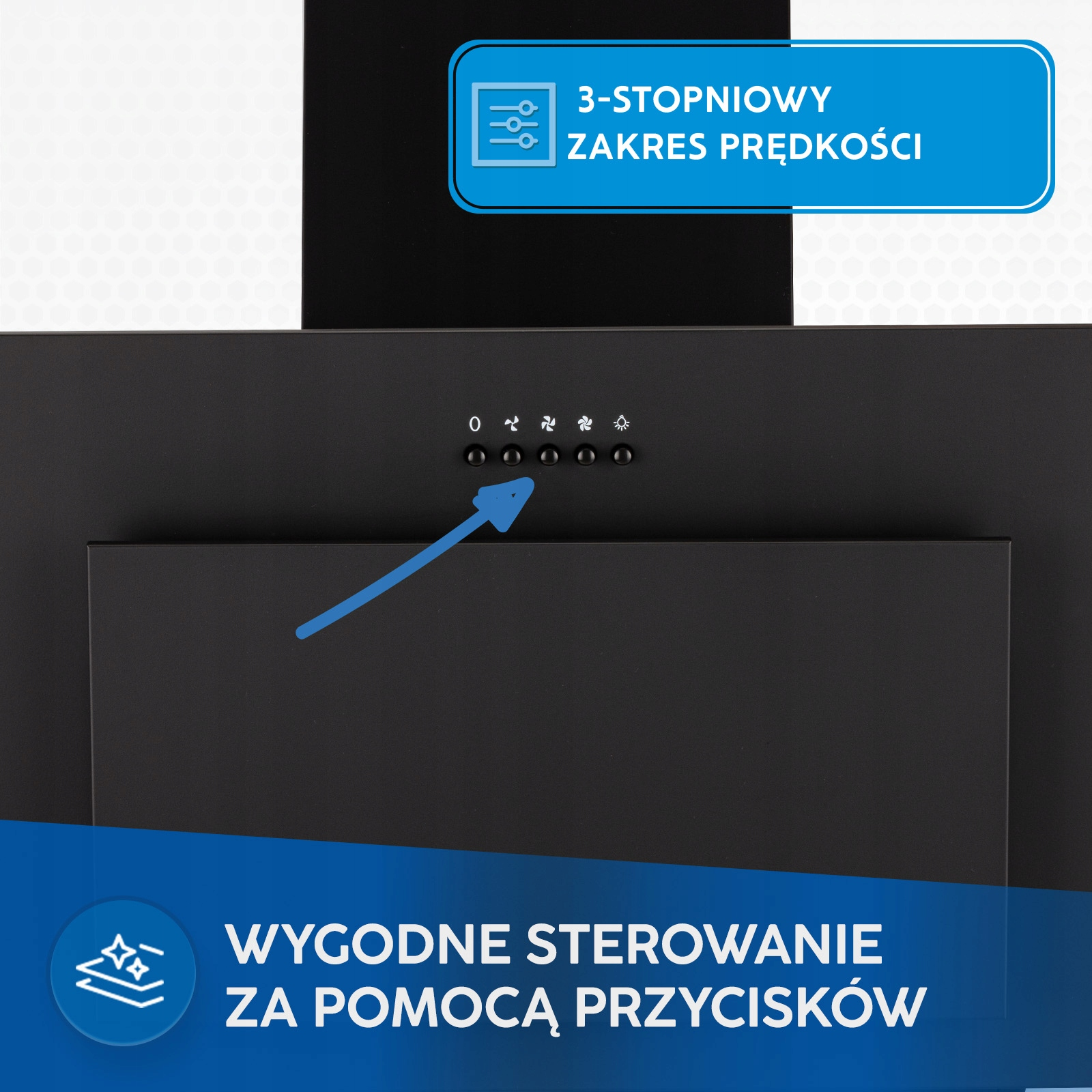Czarny okap kuchenny z pięcioma przyciskami do sterowania prędkością i światłem.
