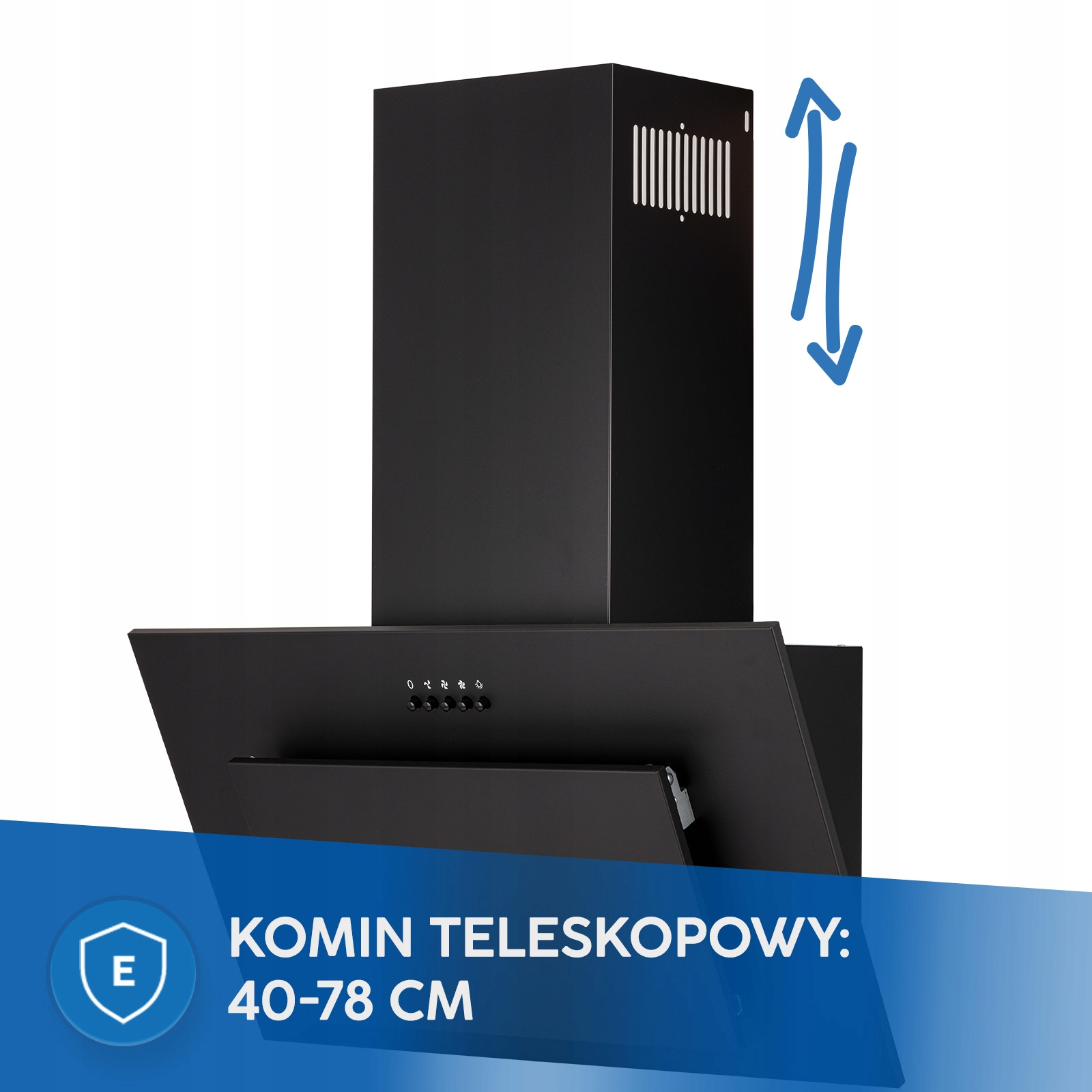 Czarny okap kuchenny z kominem teleskopowym 40-78 cm na białym tle.