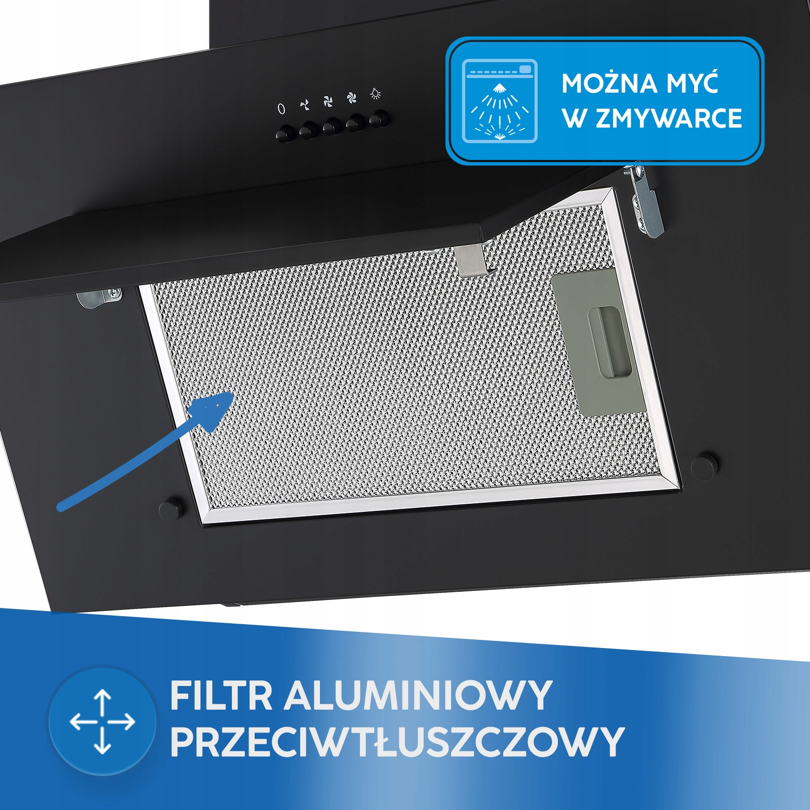 Aluminiowy filtr przeciwtłuszczowy czarnego okapu, można myć w zmywarce.