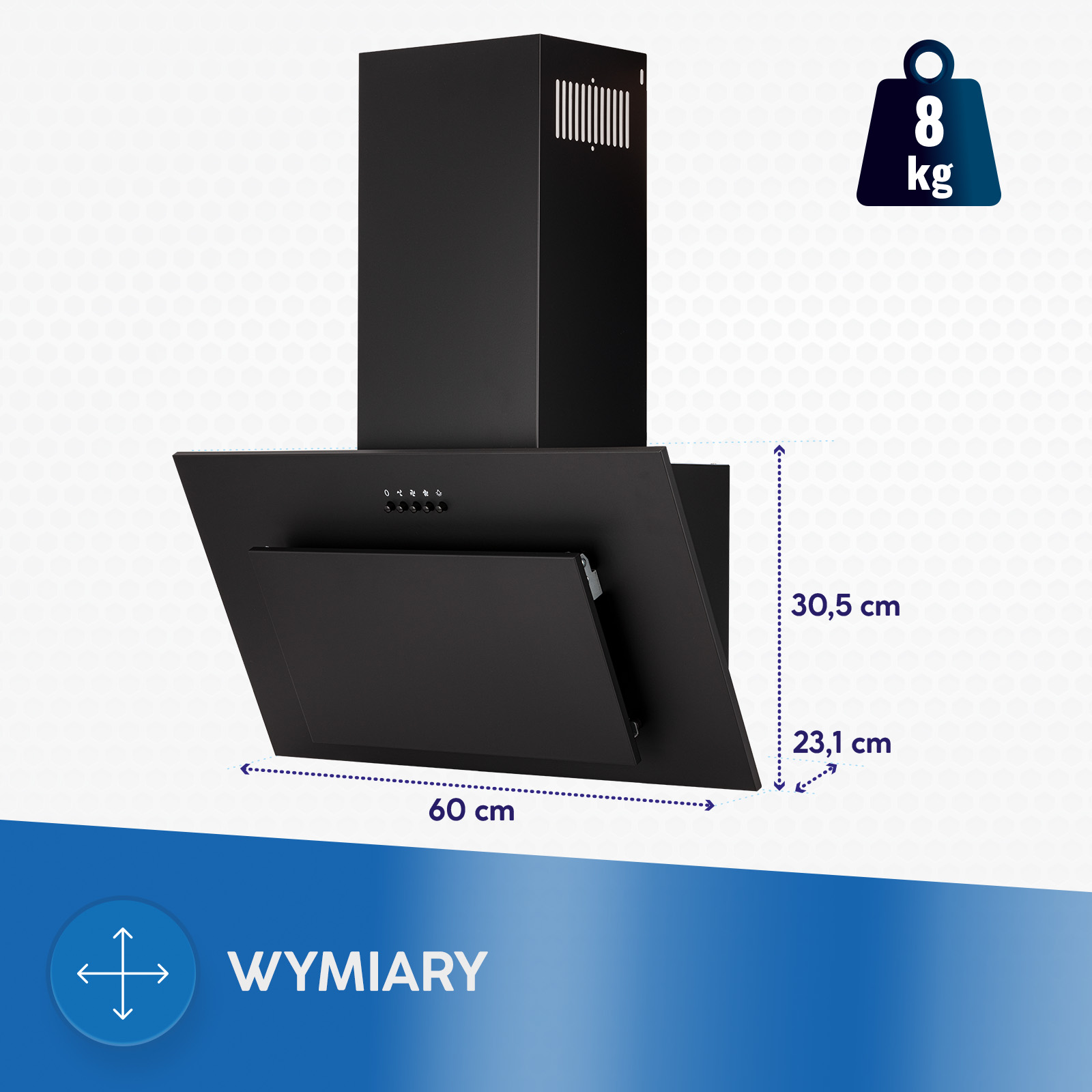 Czarny okap kuchenny o wymiarach 60 cm szerokości, 30,5 cm i 23,1 cm głębokości, waga 8 kg.