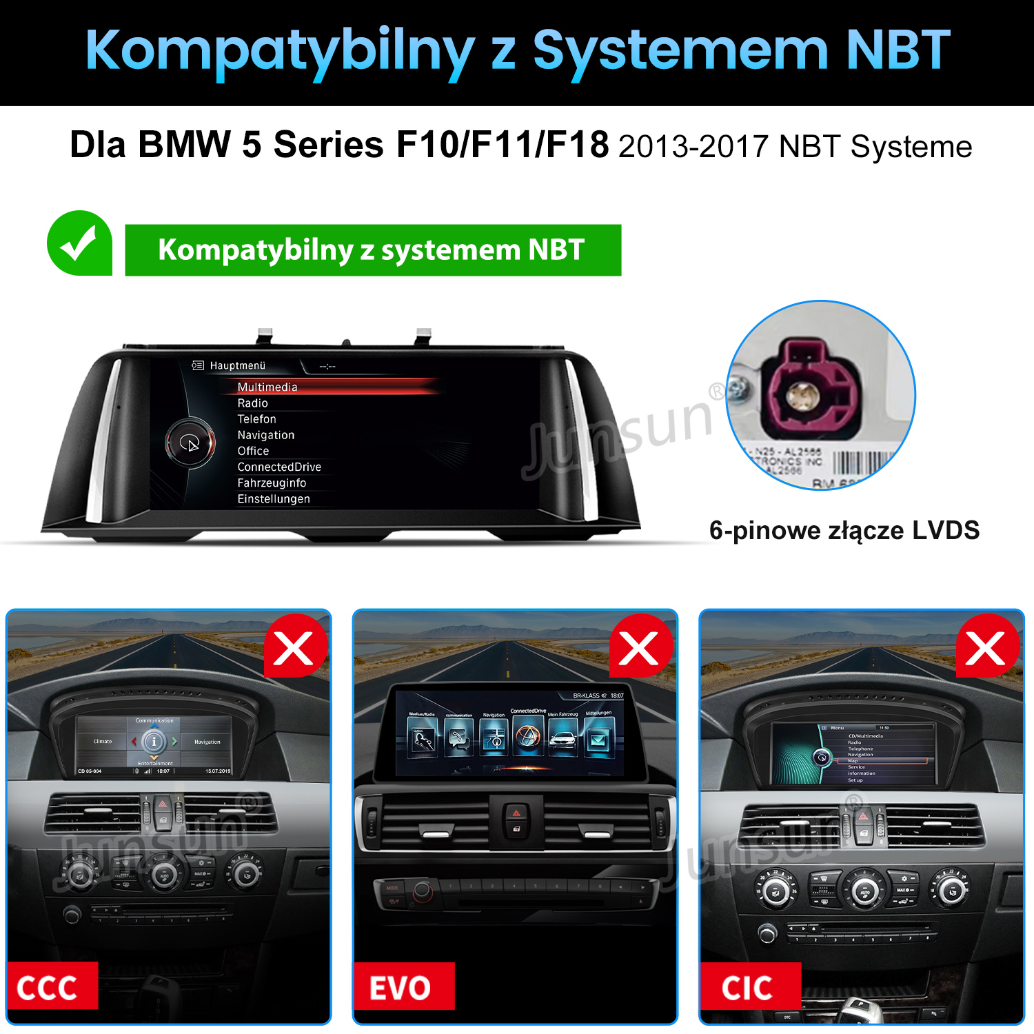 Wyświetlacz samochodowy do BMW, kompatybilny z NBT, pokazuje menu, 6-pinowe złącze LVDS oraz porównanie CCC/EVO/CIC.