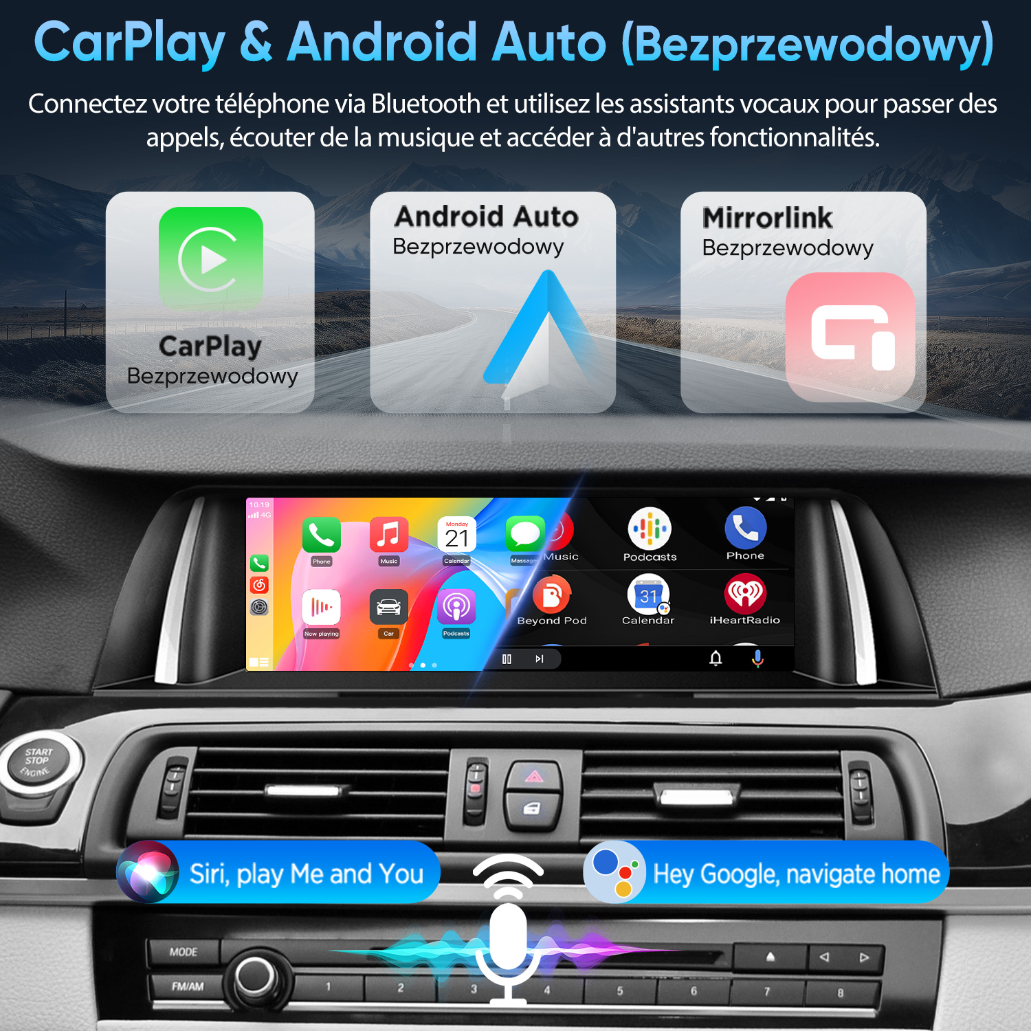 Wyświetlacz samochodowy z CarPlay, Android Auto i sterowaniem głosem.