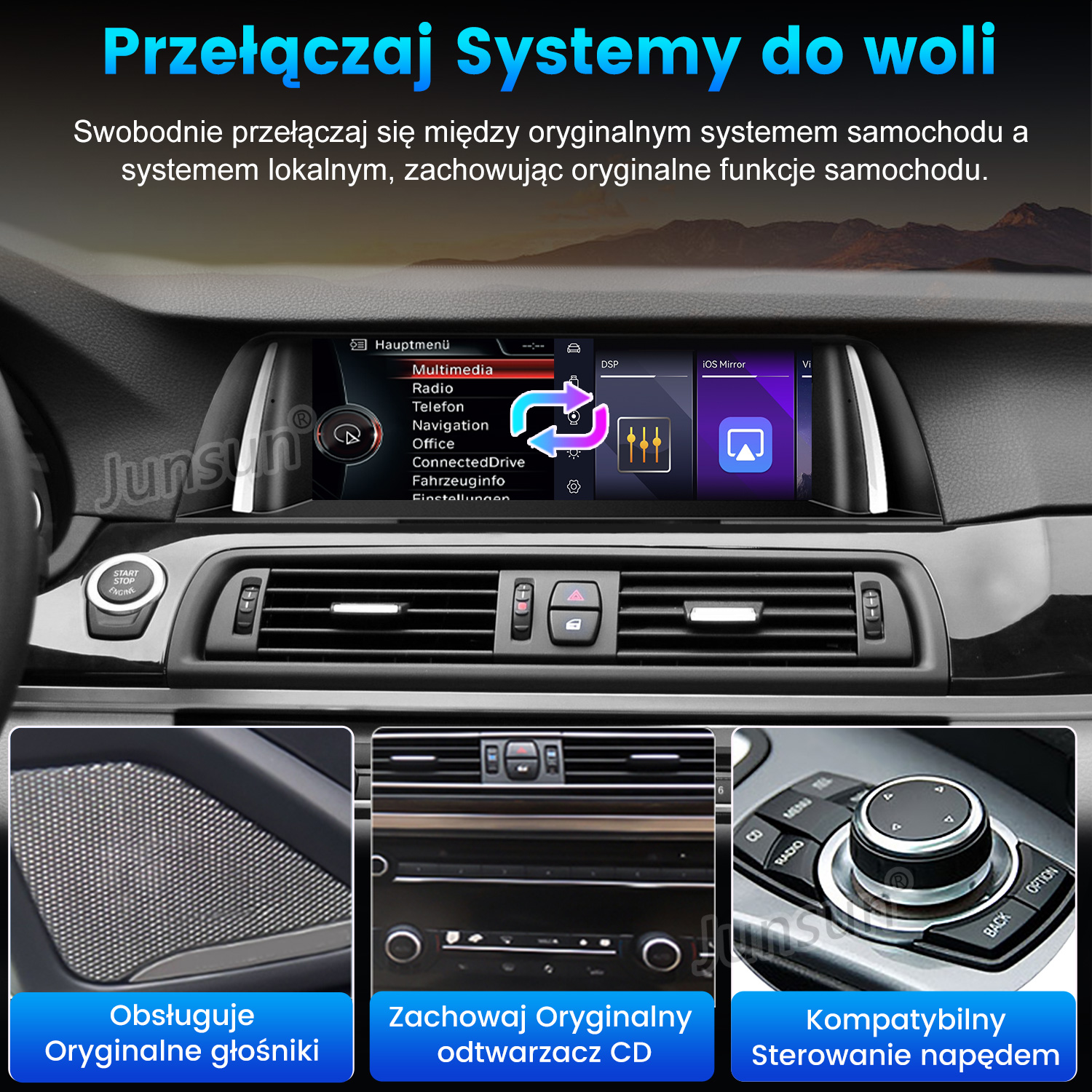 Deska rozdzielcza samochodu z cyfrowym ekranem, nawiewami i pokrętłem oraz trzema mniejszymi obrazkami wstawionymi.