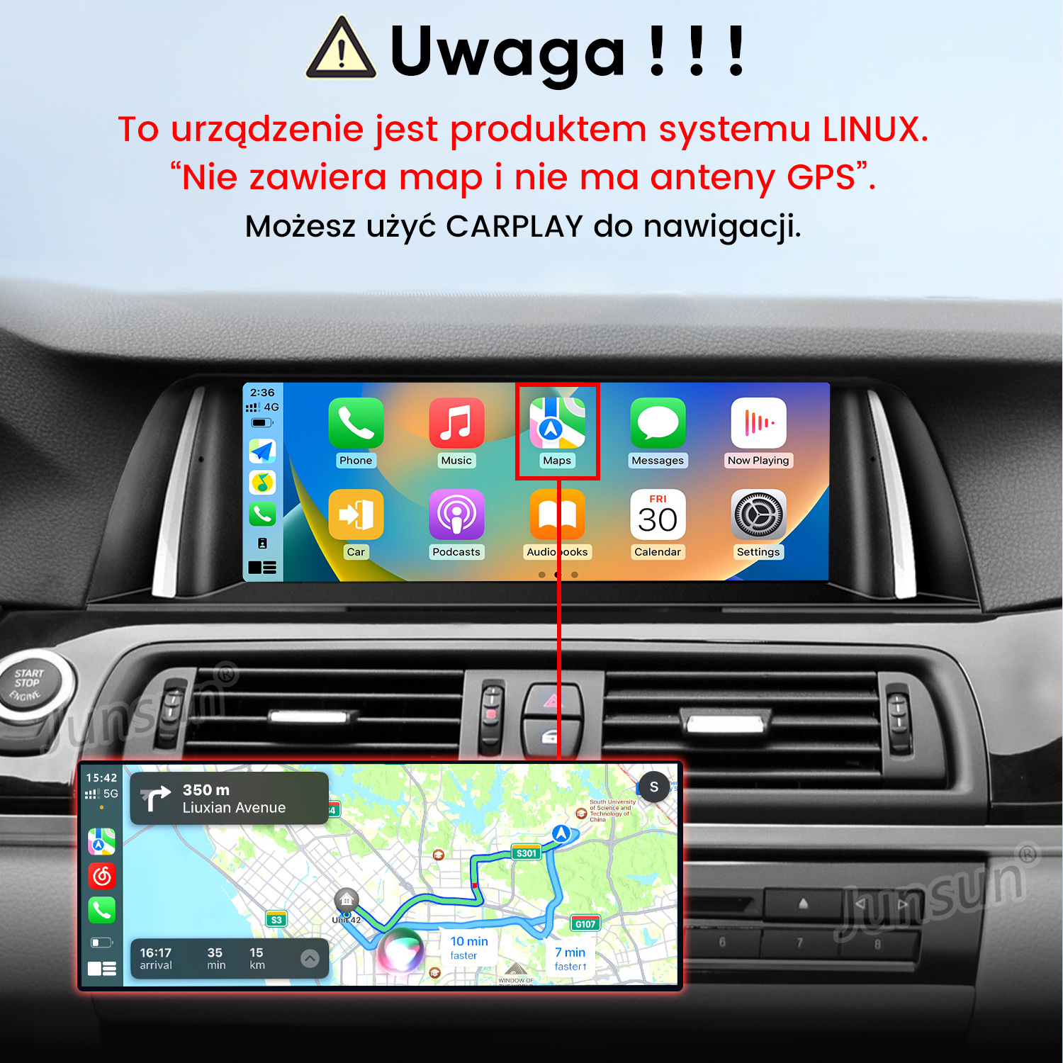 Ekran w desce rozdzielczej samochodu z menu CarPlay i nawigacją, oraz polskim ostrzeżeniem o systemie Linux.