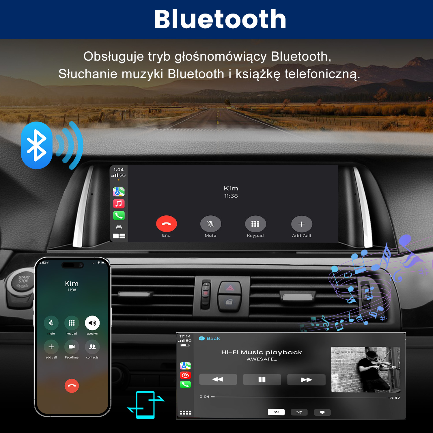 Deska rozdzielcza samochodu przedstawia łączność Bluetooth z funkcjami połączeń i odtwarzania muzyki.