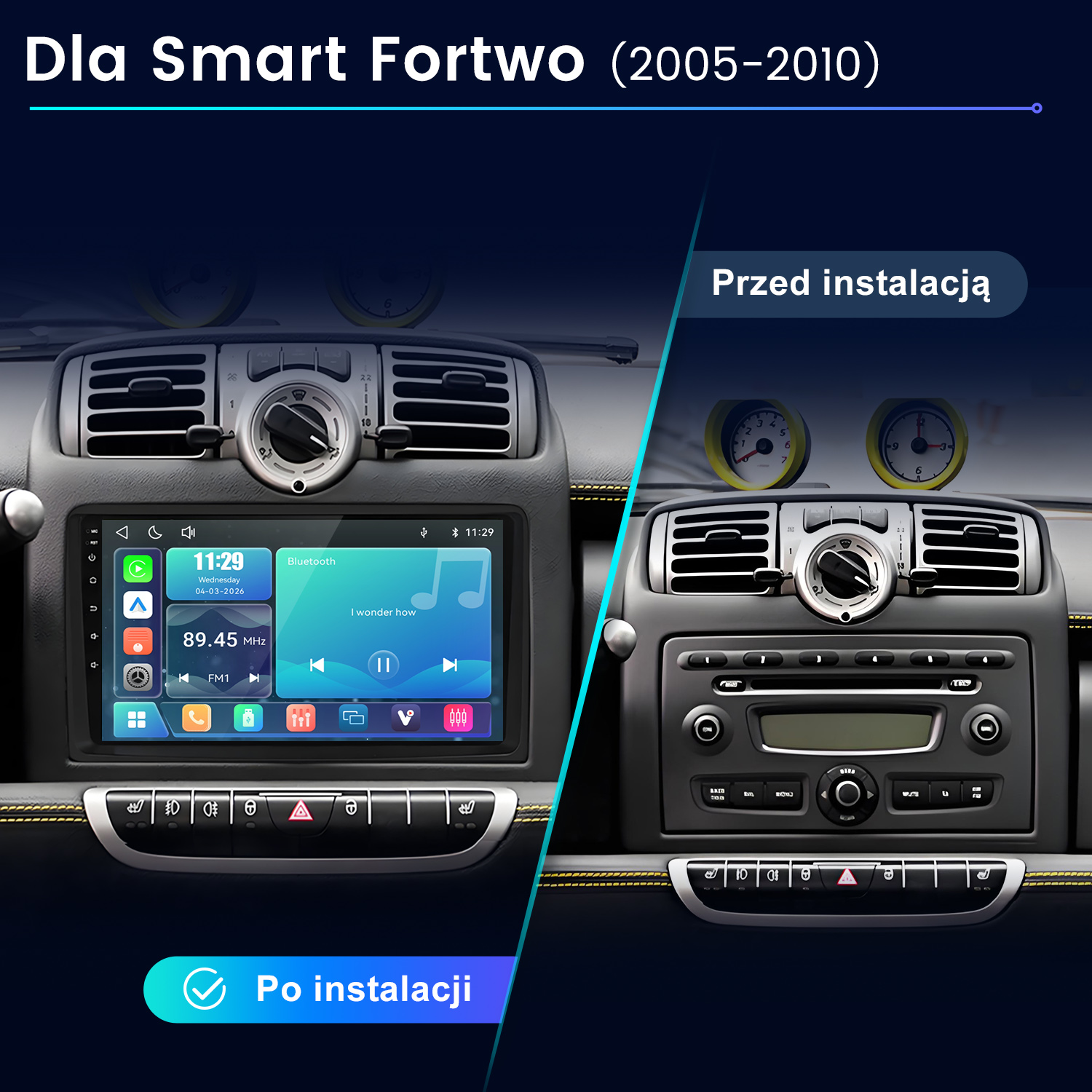 Porównanie deski rozdzielczej Smart Fortwo przed i po instalacji nowego ekranu multimedialnego.
